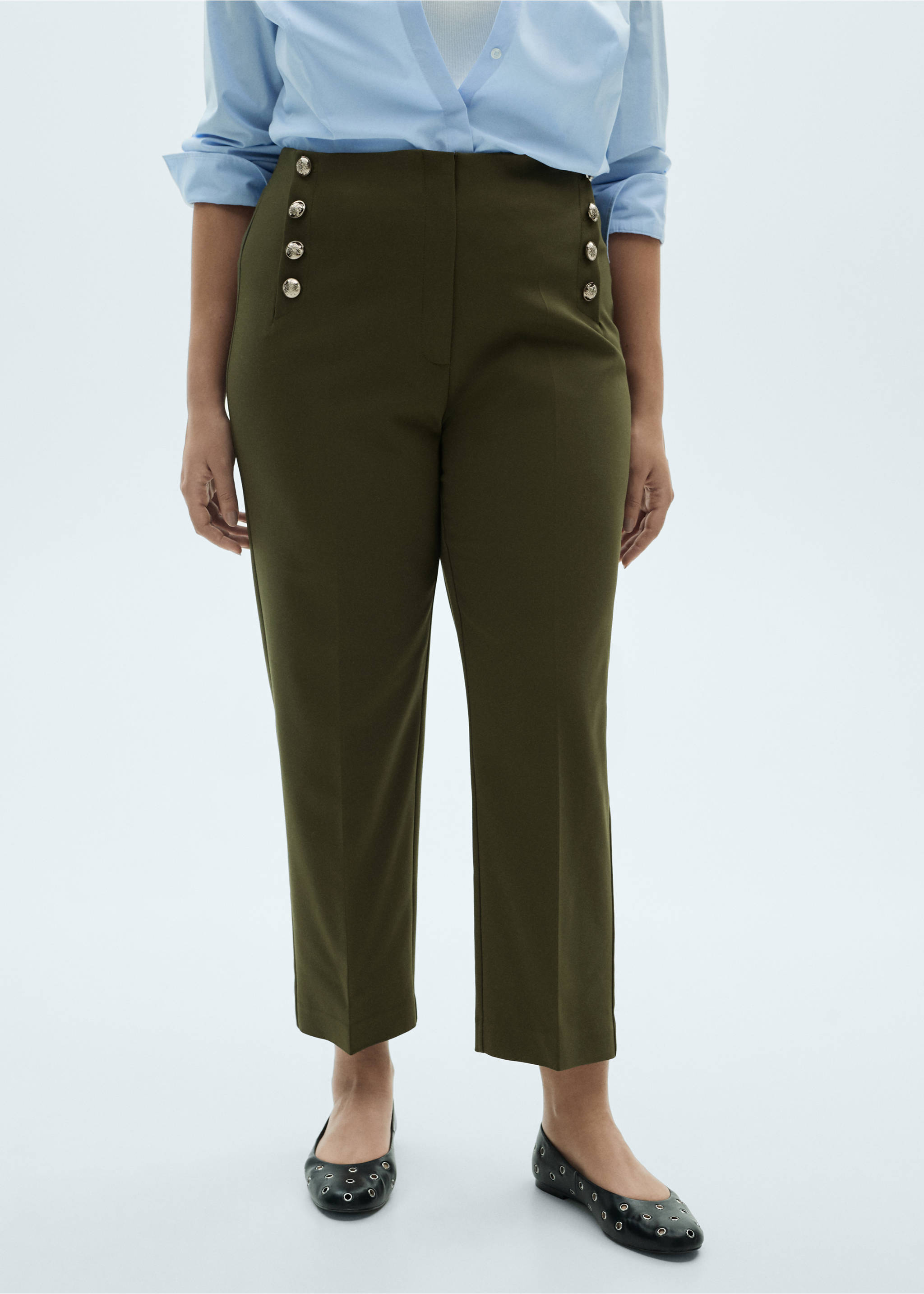 Straight trousers with jewel buttons - Details of the article 5, Khaki. Ref: 87054801-00.