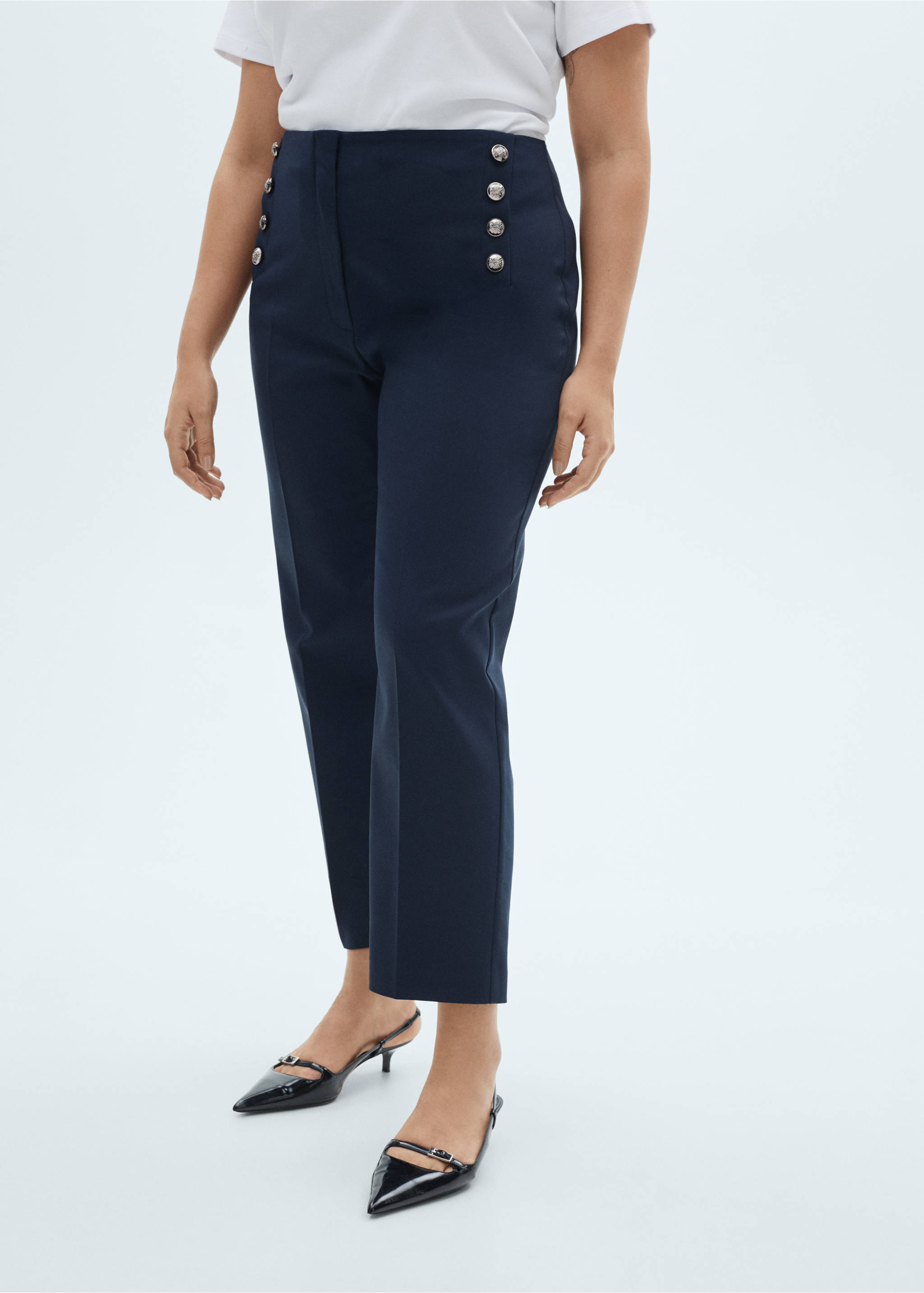 Straight trousers with jewel buttons - Details of the article 5, Dark Navy. Ref: 87054801-00.