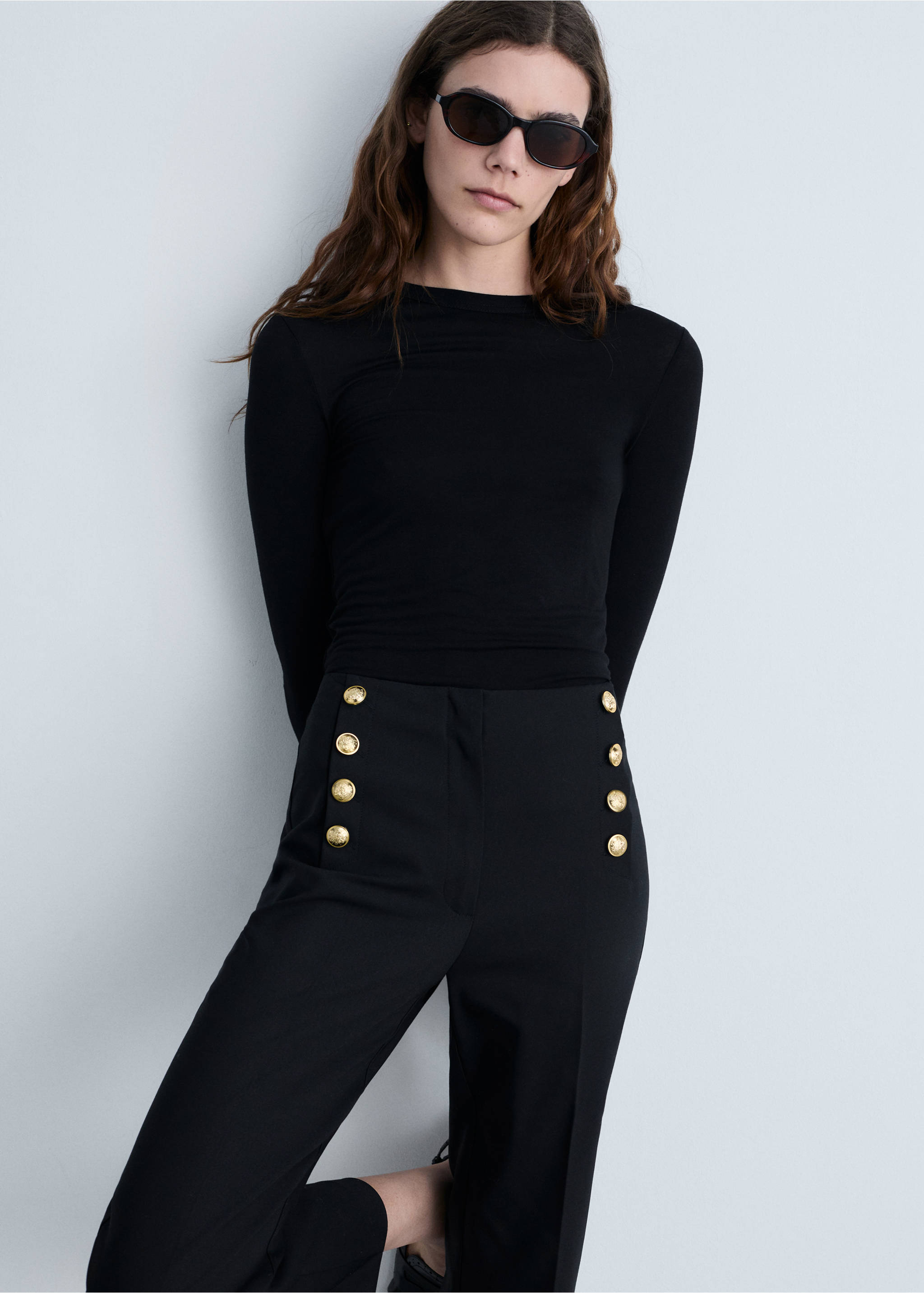 Straight trousers with jewel buttons - Details of the article 1, Black. Ref: 87054801-00.