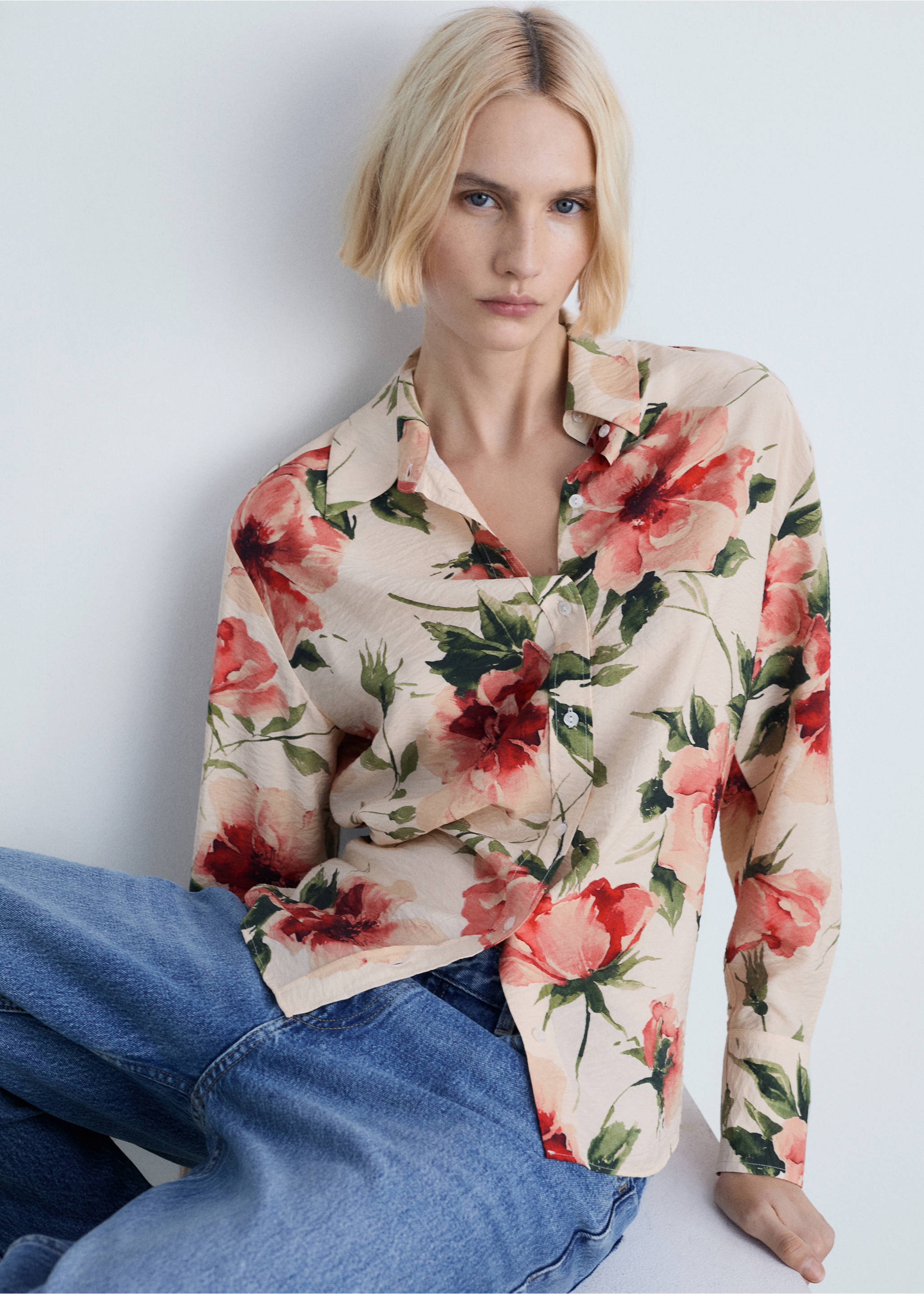 Flowy floral print shirt - Medium plane, Ecru. Ref: 87054812-00.