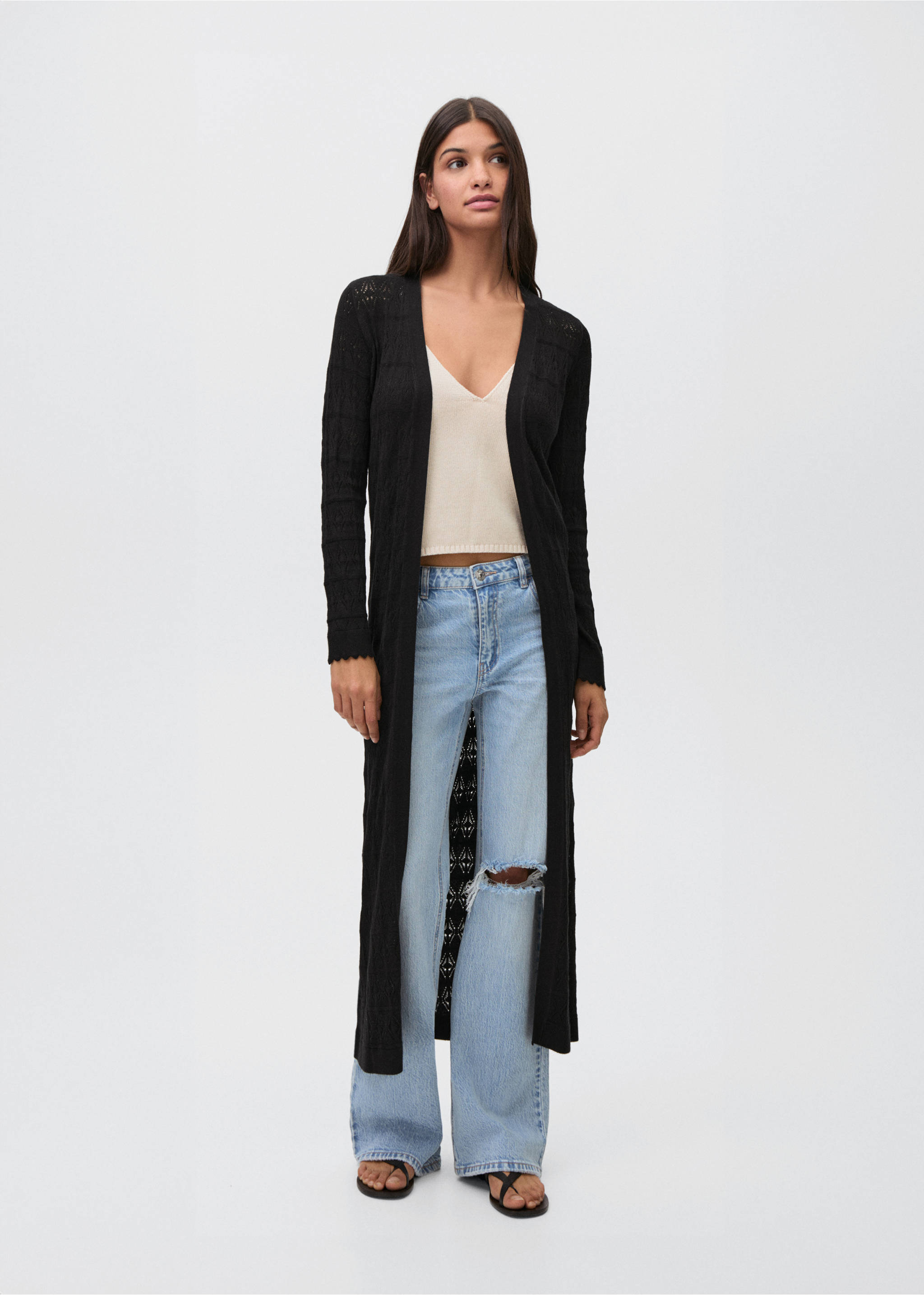 Long openwork knitted cardigan - General plane, Black. Ref: 87055728-00.