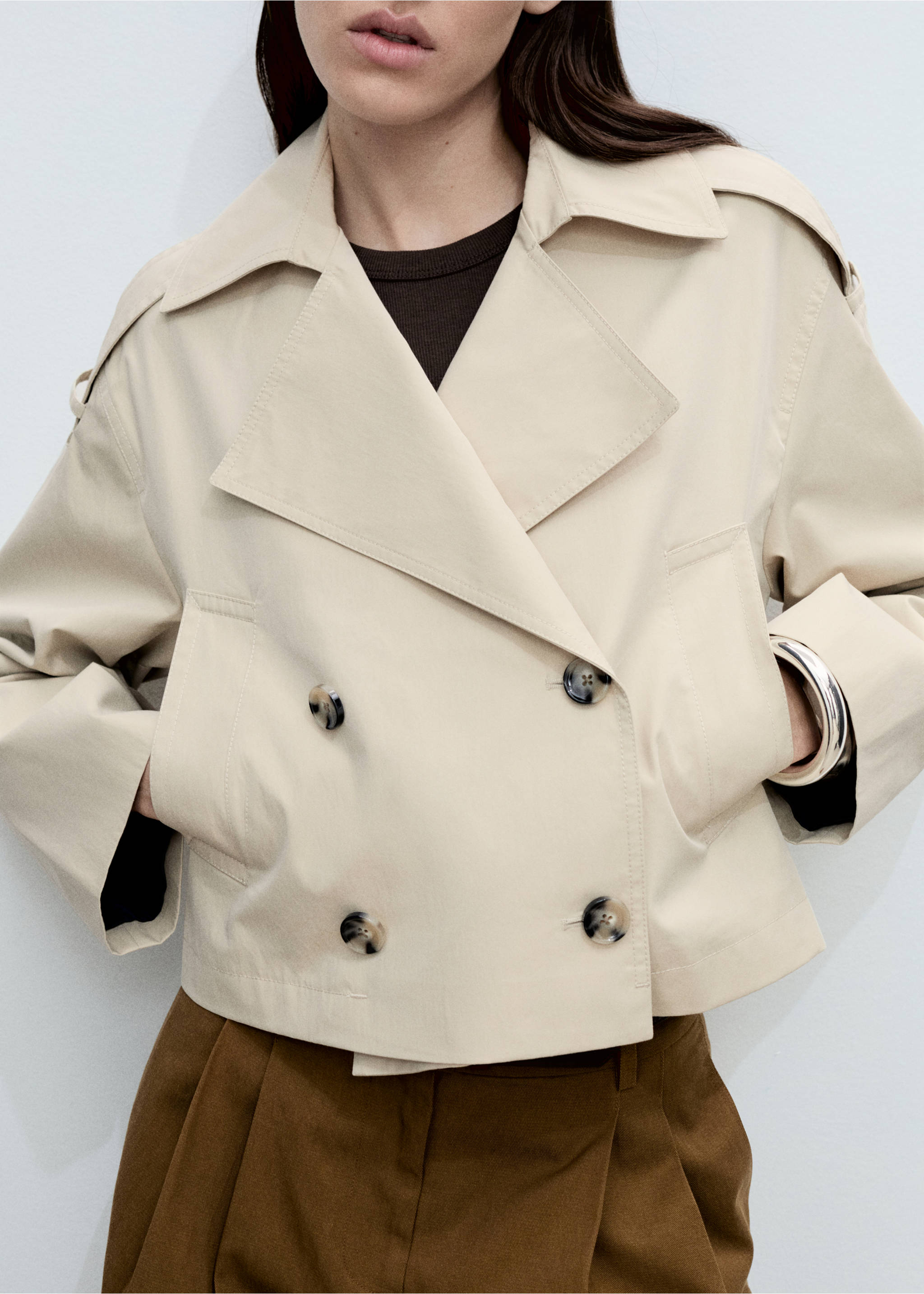 Double-breasted cropped trench coat - Medium plane, Light/Pastel Grey. Ref: 87055735-00.