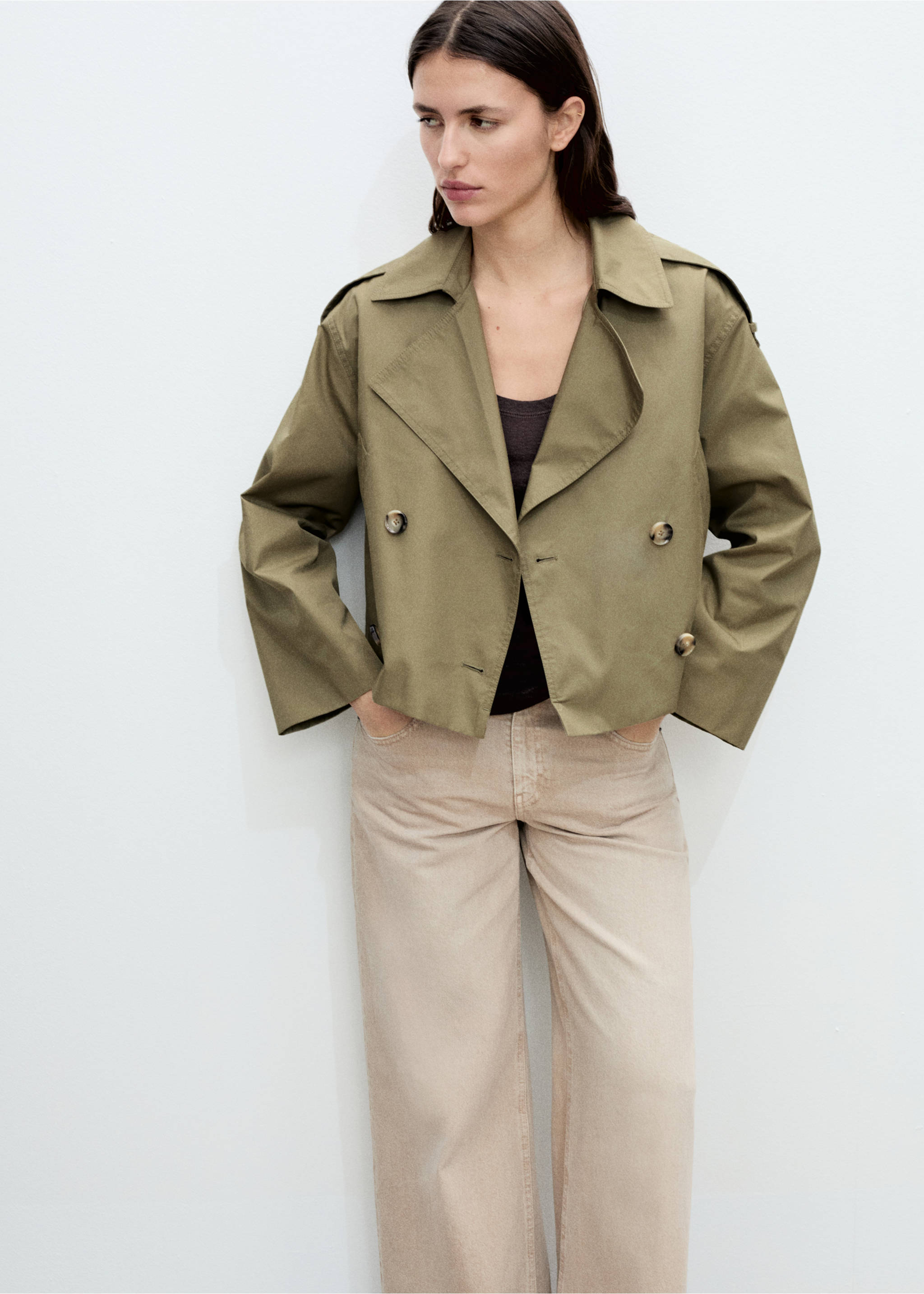 Double-breasted cropped trench coat - Medium plane, Khaki. Ref: 87055735-00.