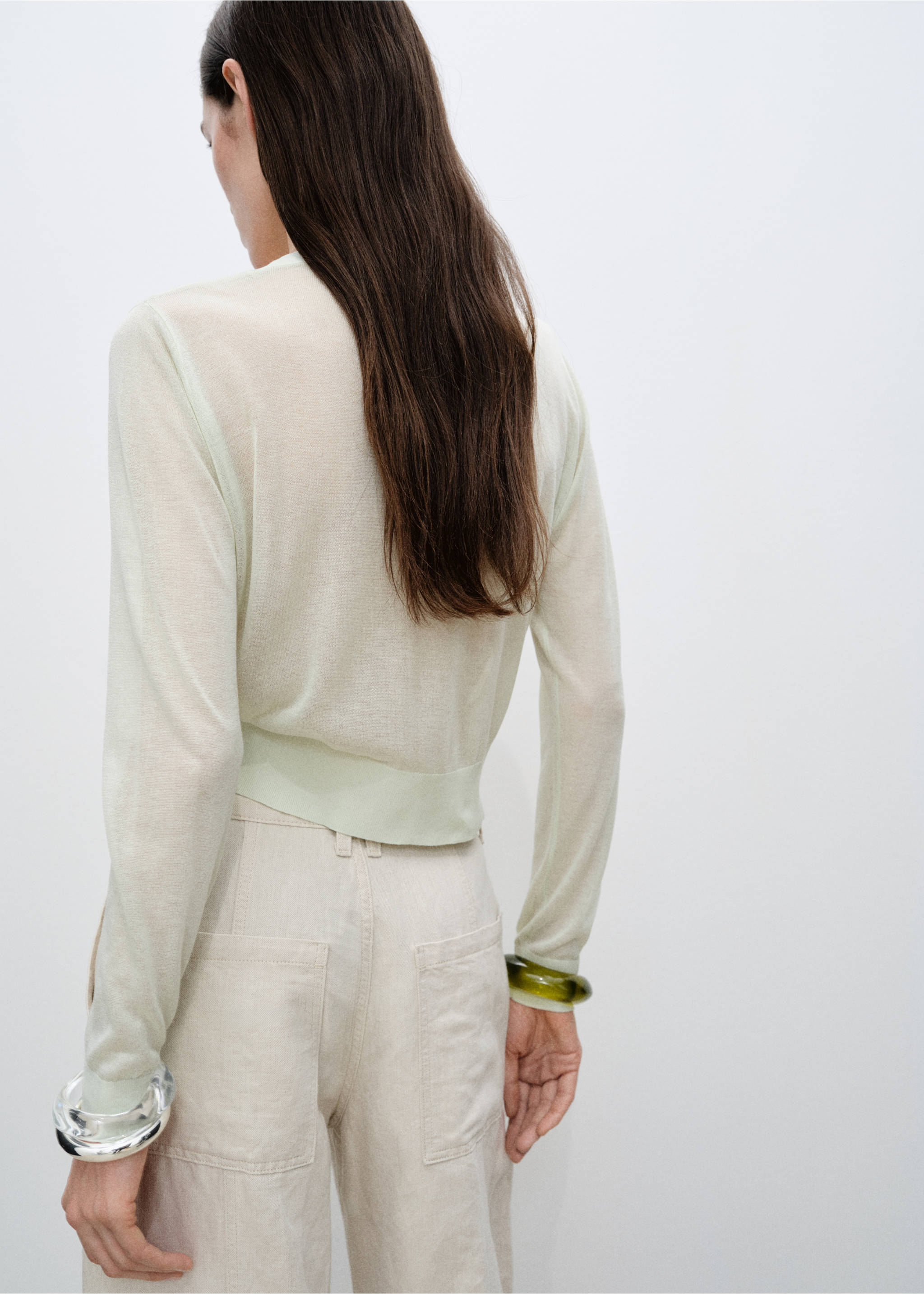 Cardigan crop maille semi-transparent - Verso de l’article, Vert d´eau. Ref: 87055747-00.