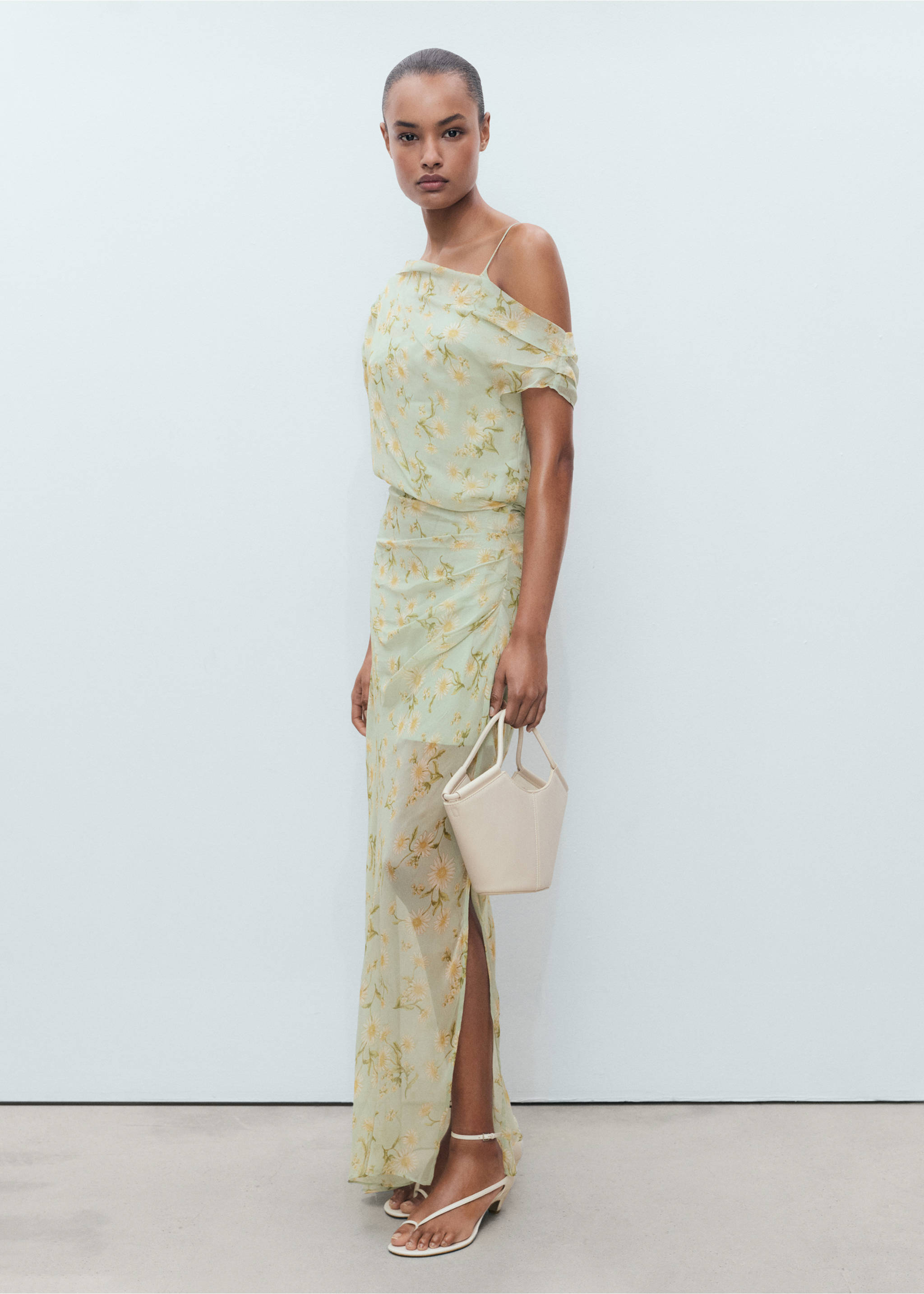Semi-transparent floral-print draped dress - General plane, Pastel Green. Ref: 87055751-00.