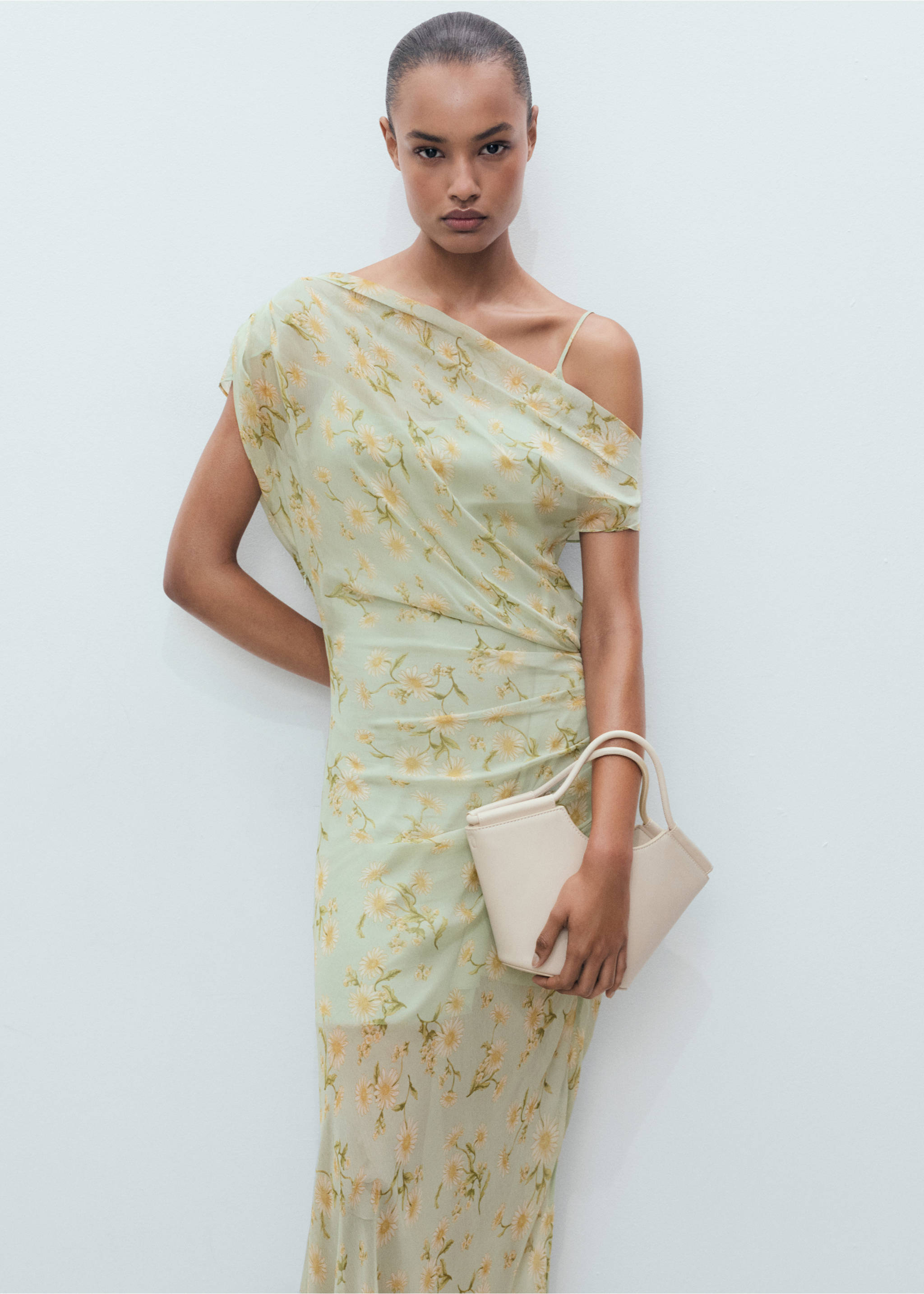 Semi-transparent floral-print draped dress - Medium plane, Pastel Green. Ref: 87055751-00.