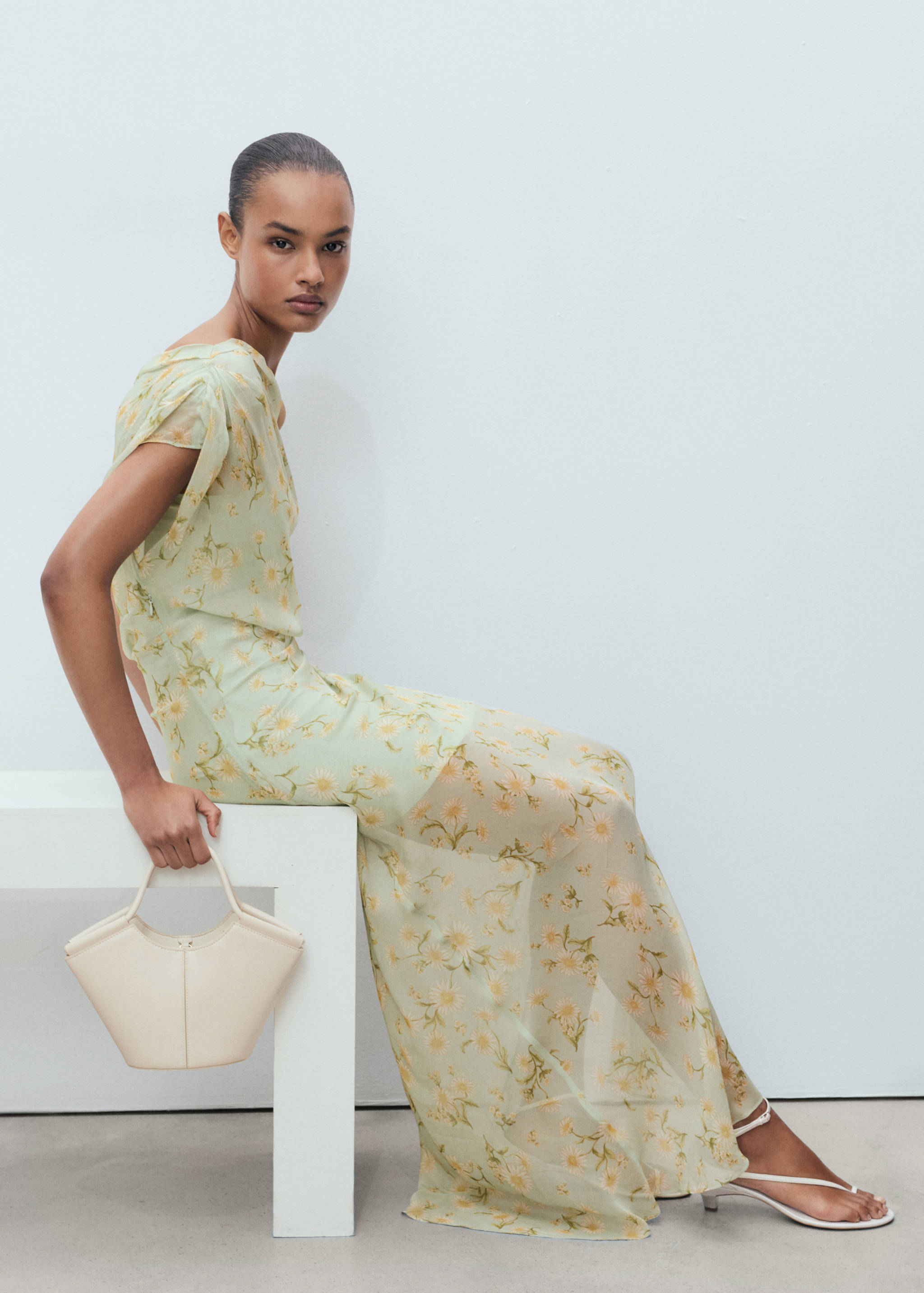 Semi-transparent floral-print draped dress - Details of the article 2