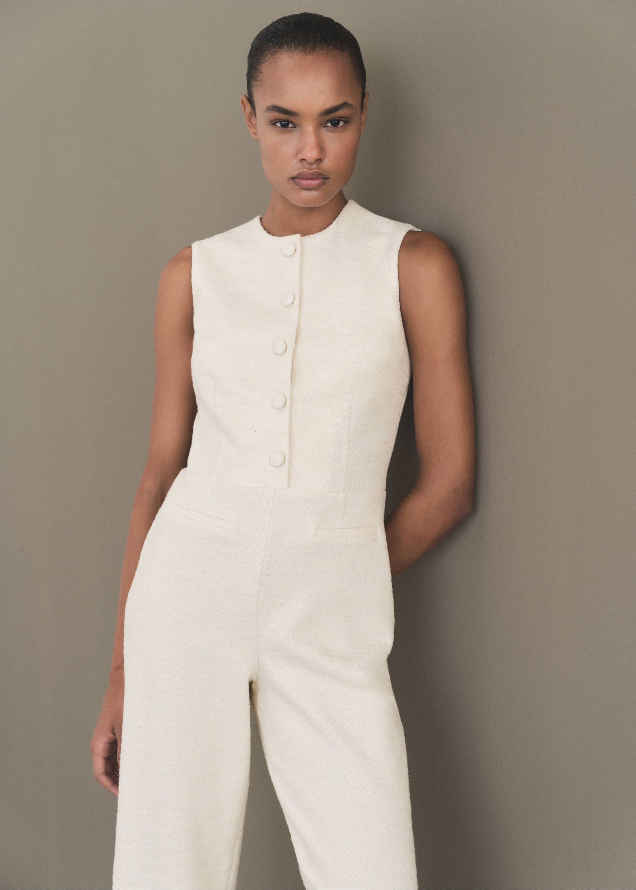 Buttoned tweed jumpsuit - Medium plane, Ecru. Ref: 87055755-00.