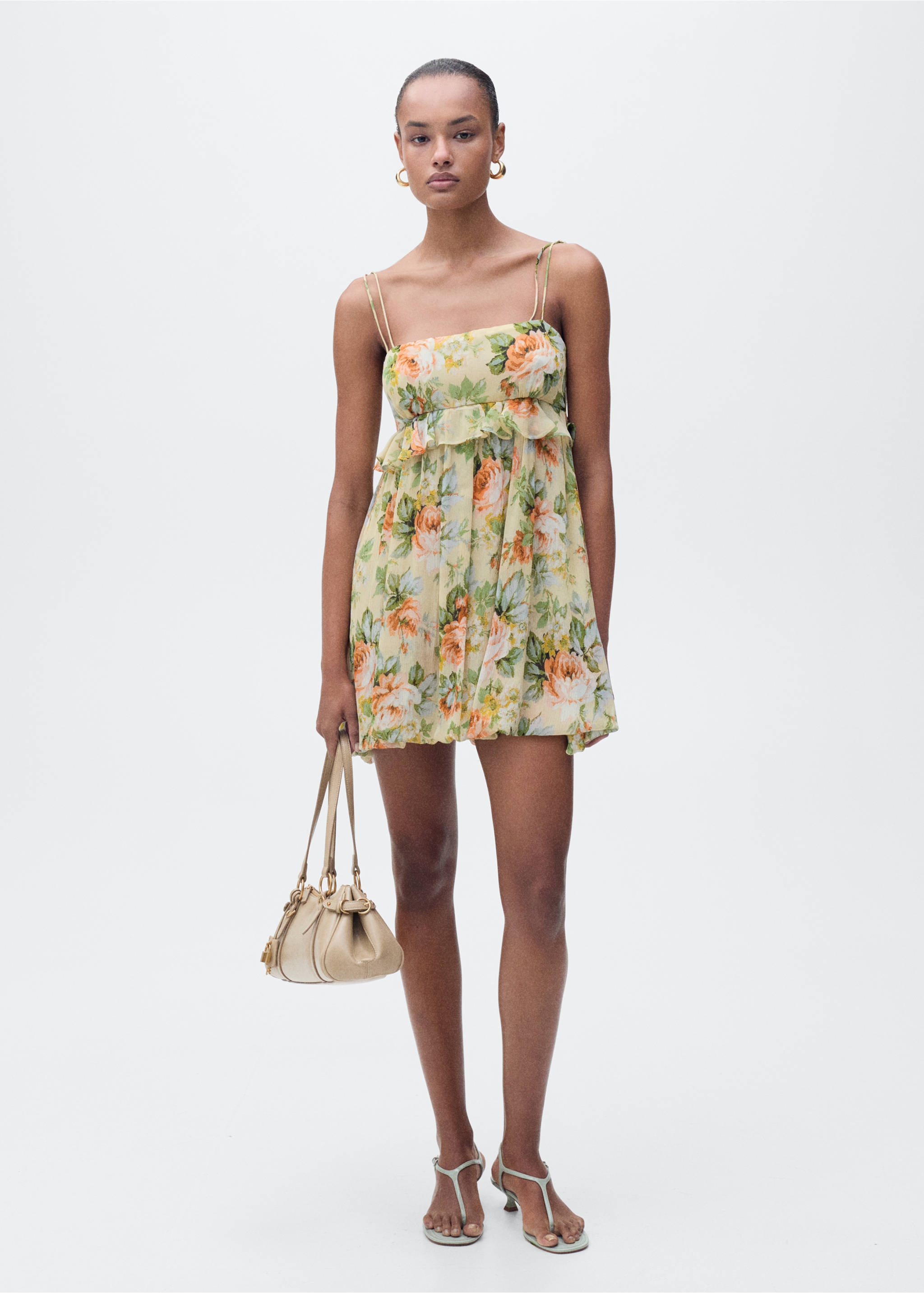 Short floral-print dress with ruffle detail - General plane, Ecru. Ref: 87055766-00.