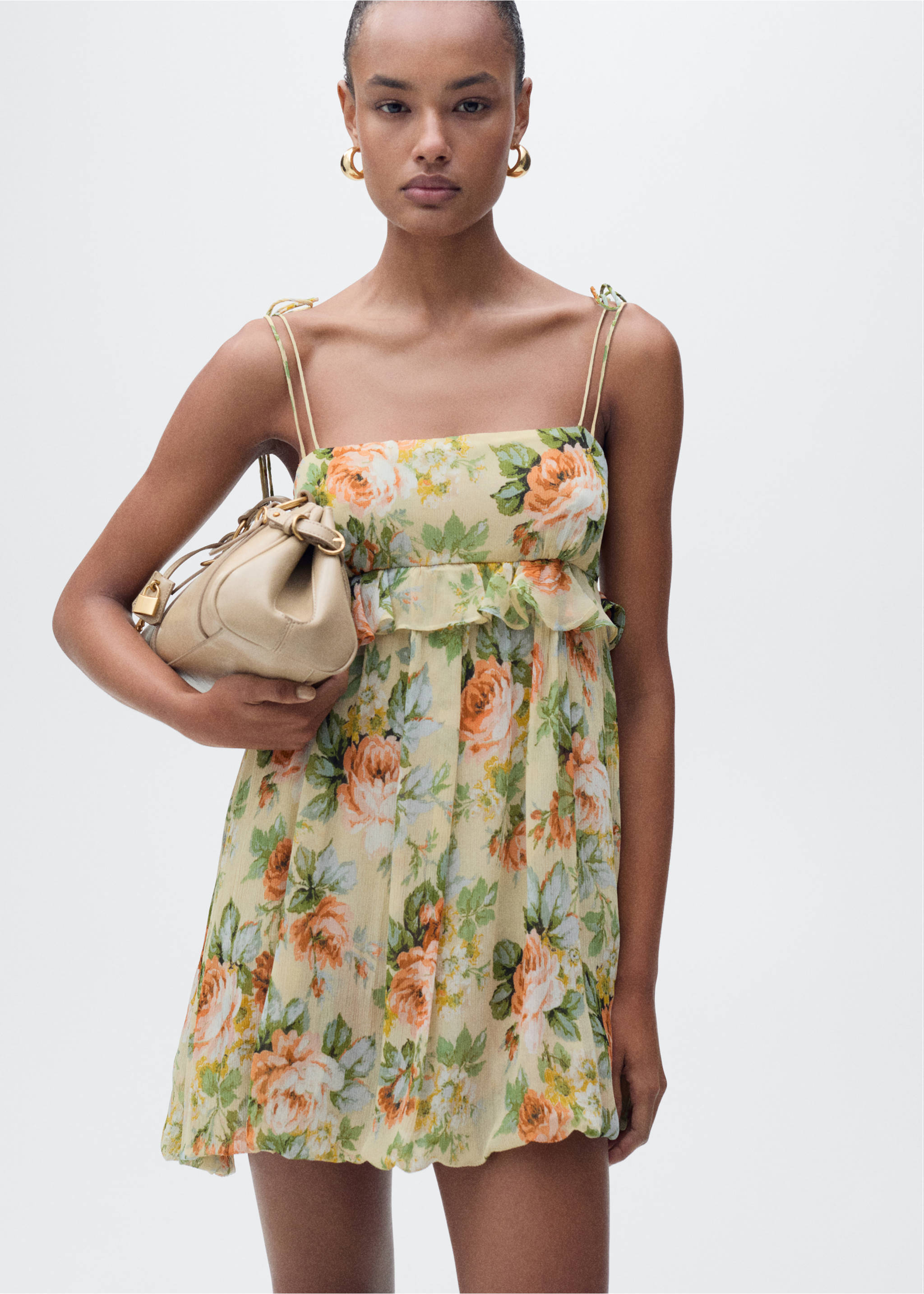 Short floral-print dress with ruffle detail - Medium plane, Ecru. Ref: 87055766-00.