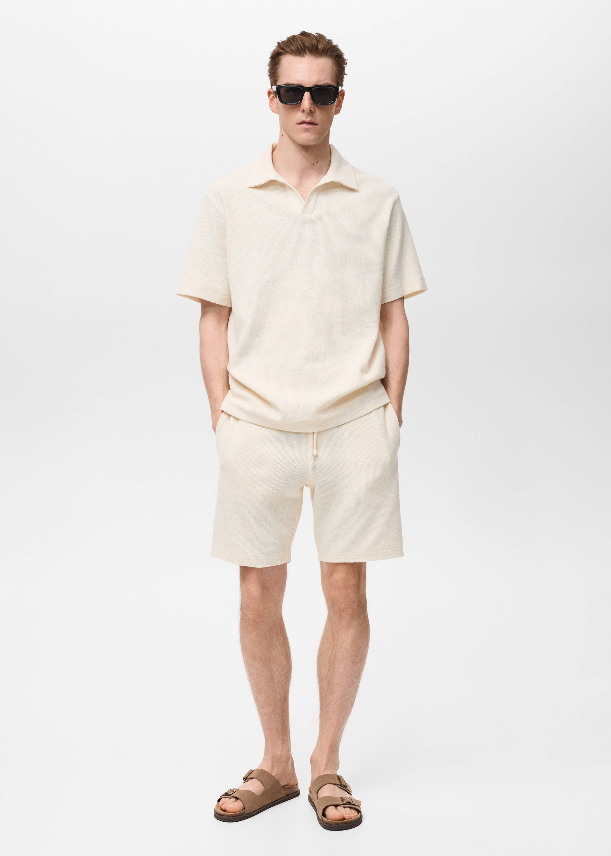 Textured cotton bermuda shorts with drawstring - General plane, Ecru. Ref: 87055924-00.