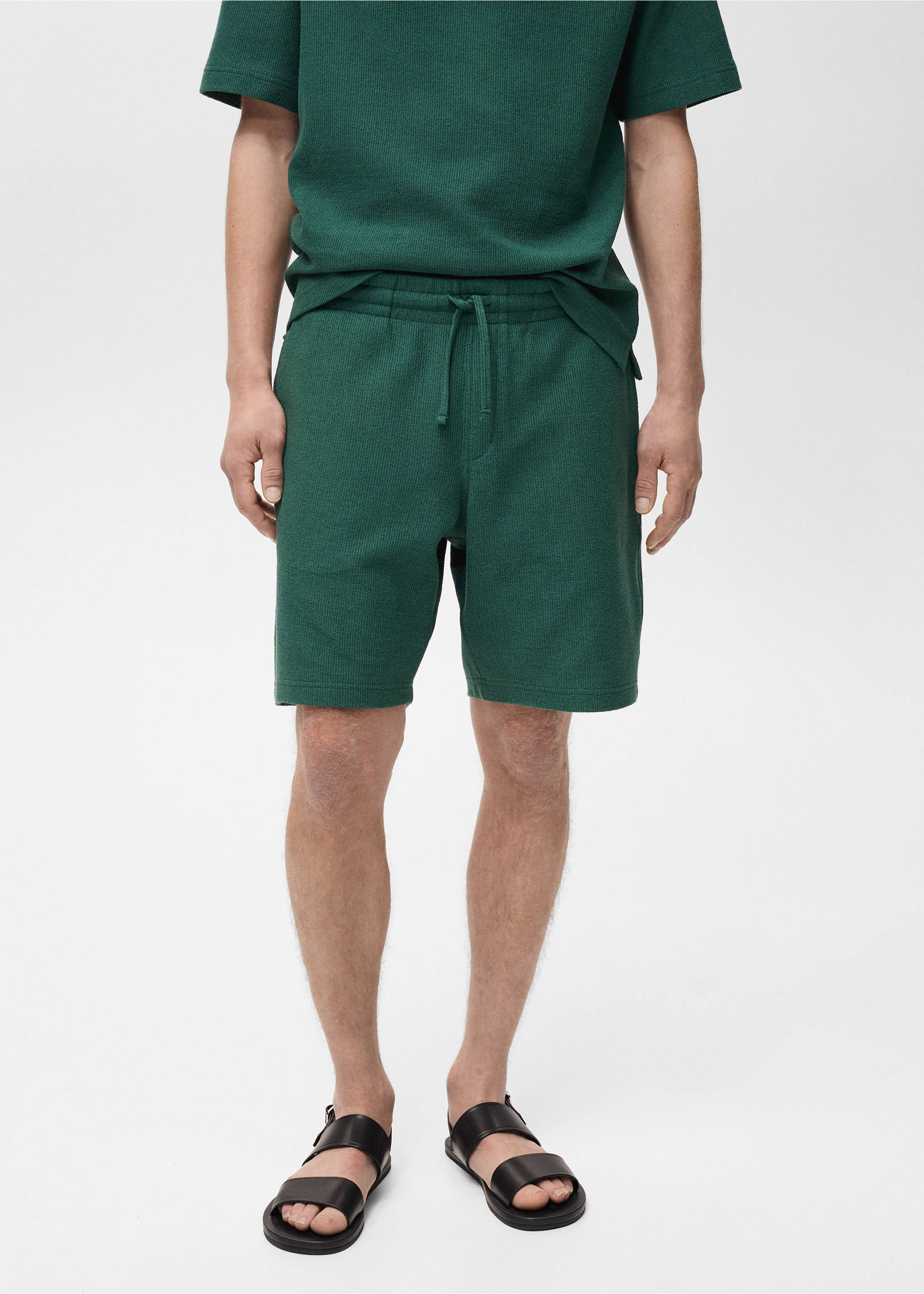 Textured cotton bermuda shorts with drawstring - Medium plane, Green. Ref: 87055924-00.