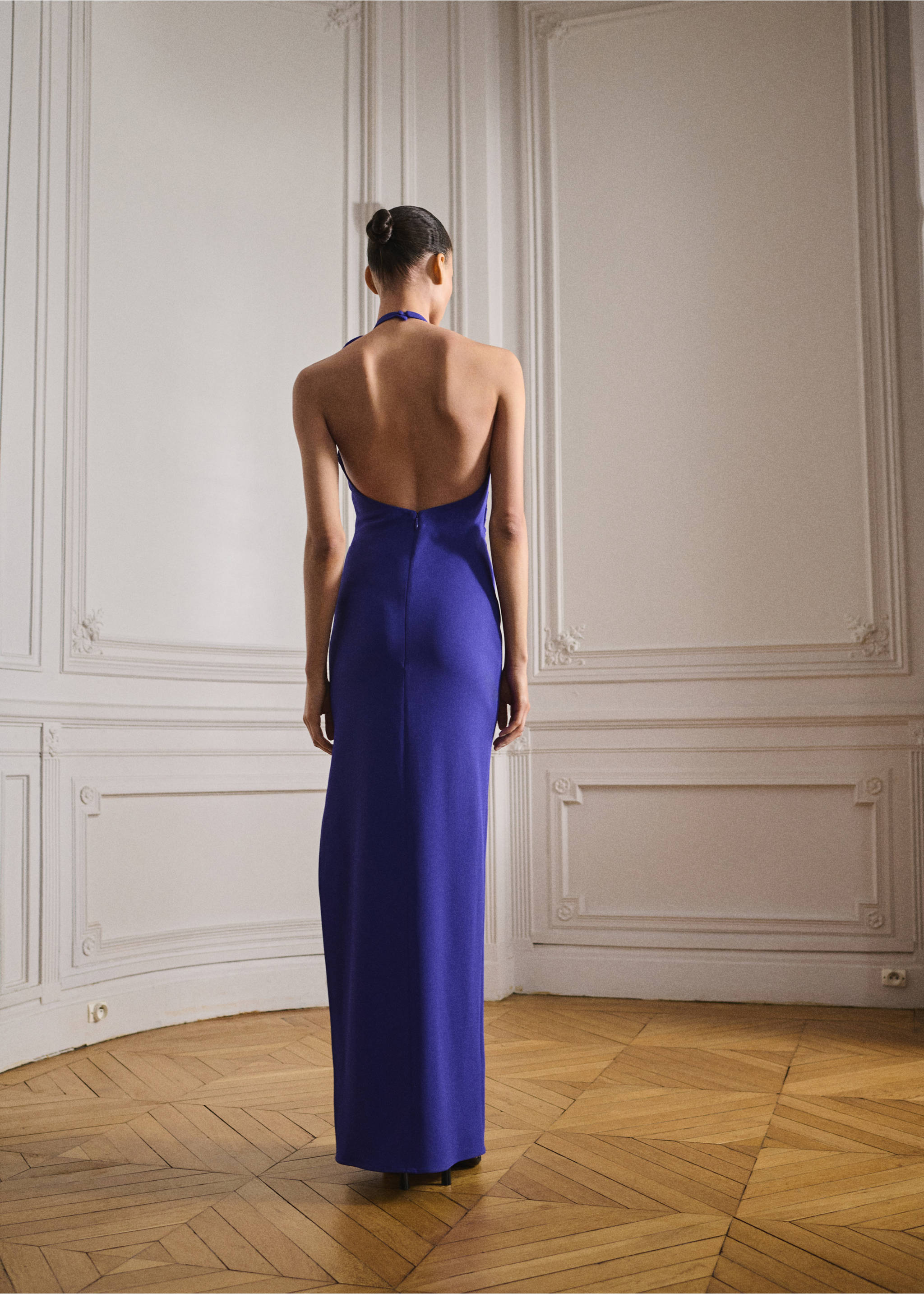 Draped halter-neck dress with flower motif - Reverse of the article, Blue. Ref: 87055988-00.