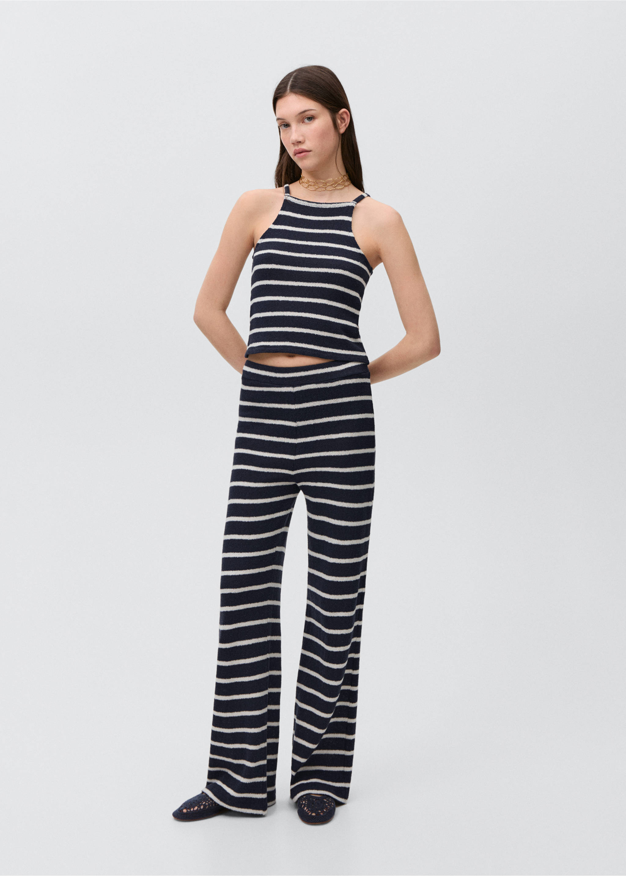 Gestreiftes Neckholder-Top - Allgemeine Ansicht, Dunkles Marineblau. Ref: 87056353-00.