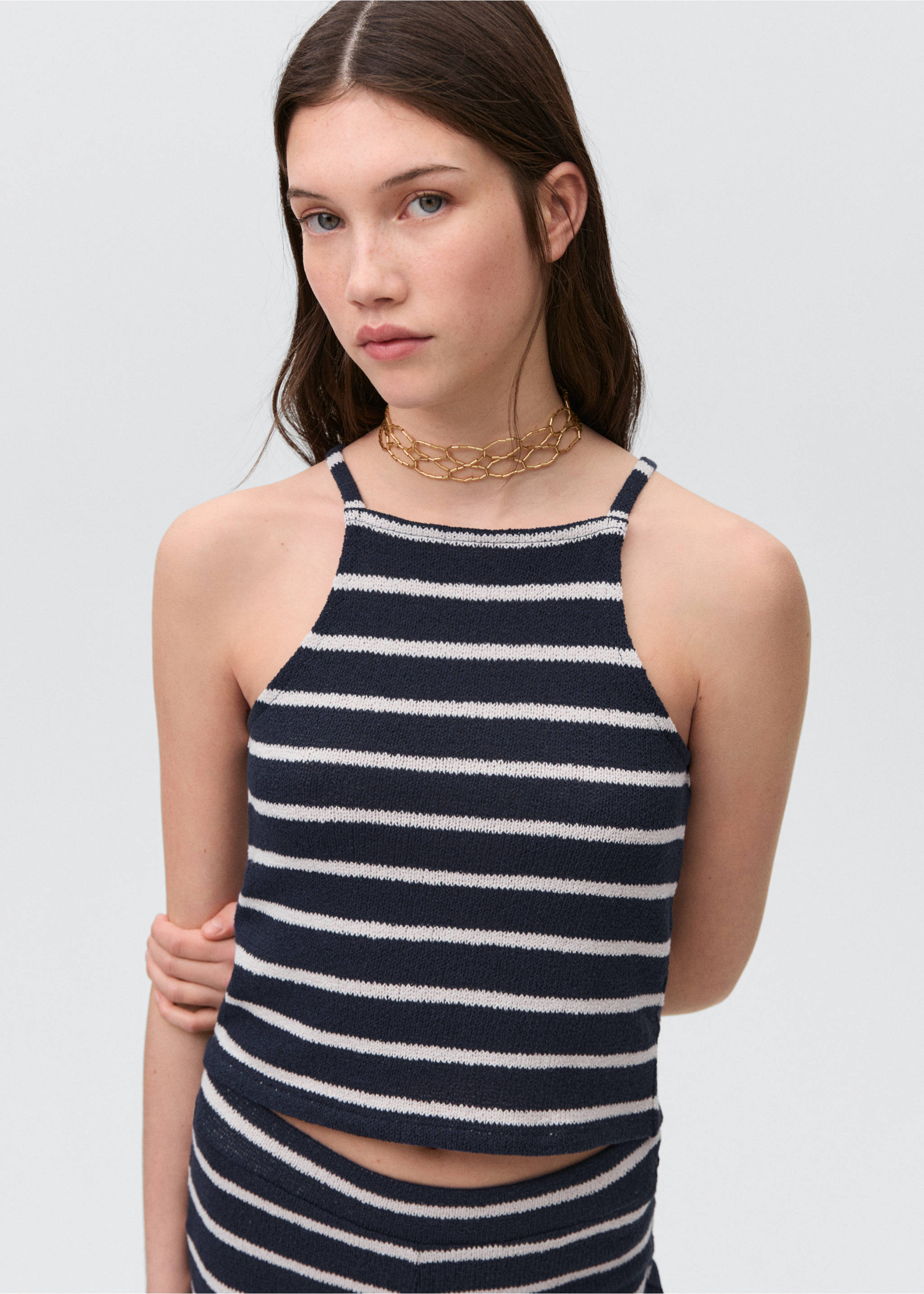 Gestreiftes Neckholder-Top - Mittlere Ansicht, Dunkles Marineblau. Ref: 87056353-00.