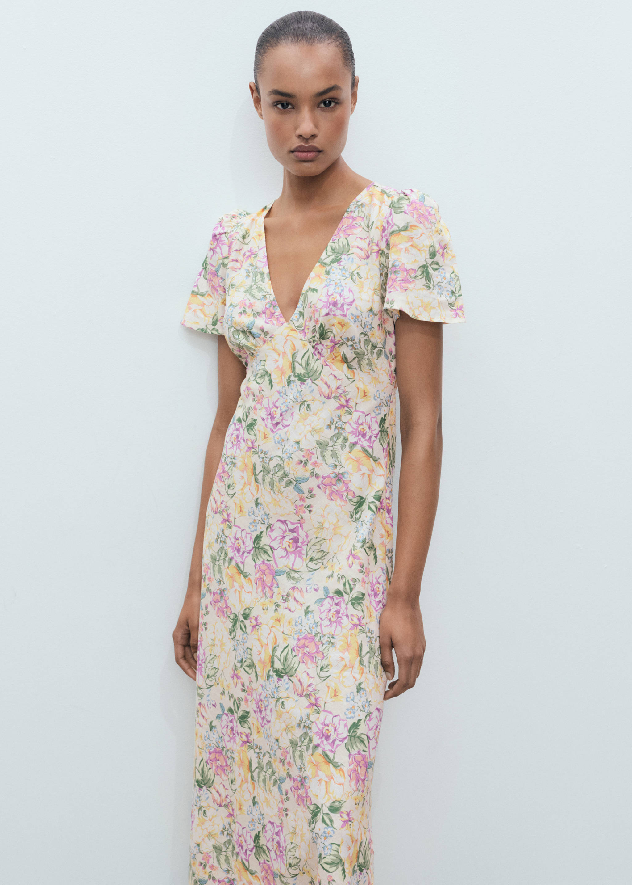 Floral linen-blend dress - Medium plane
