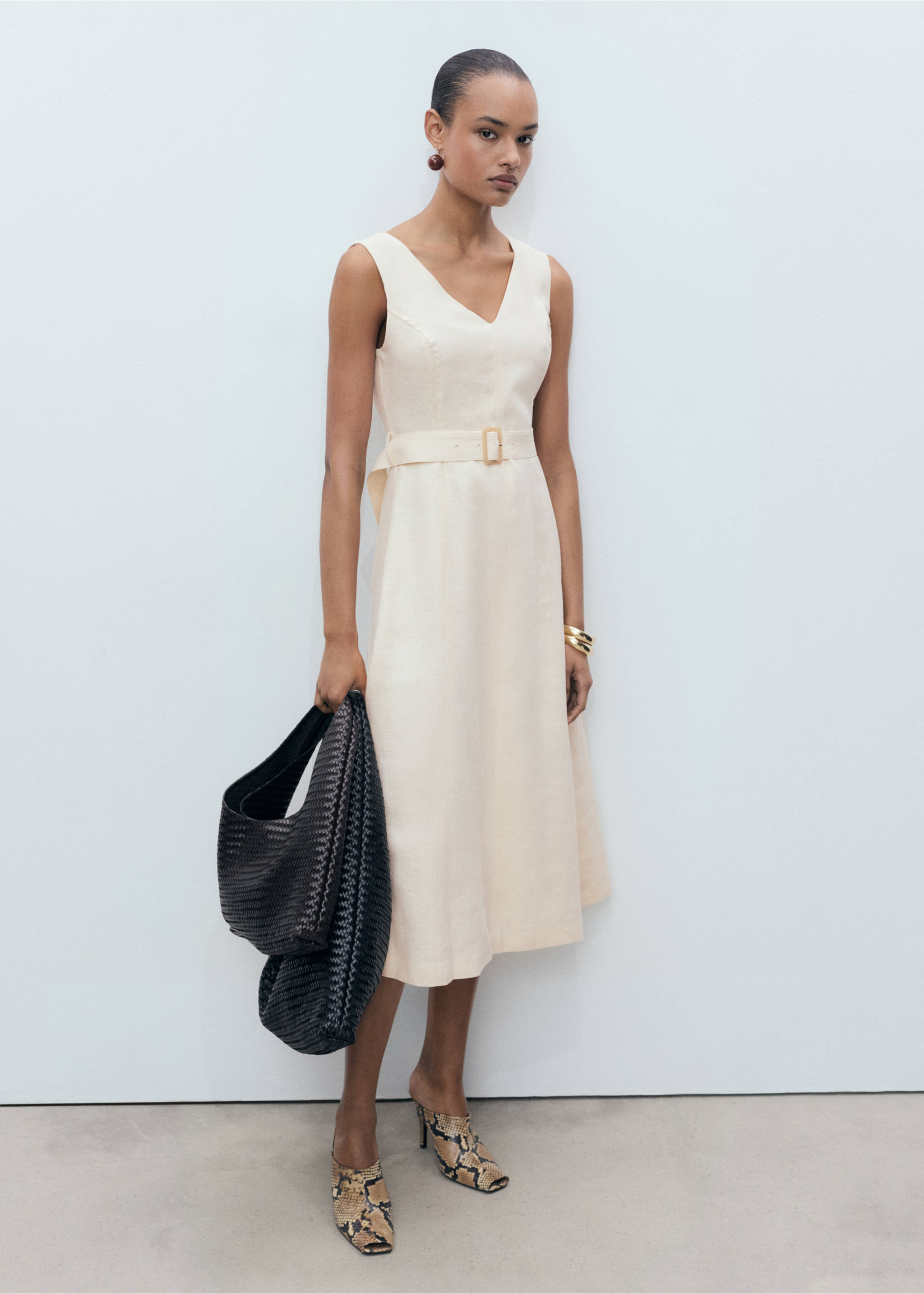 Belt linen dress - General plane, Beige. Ref: 87057164-00.
