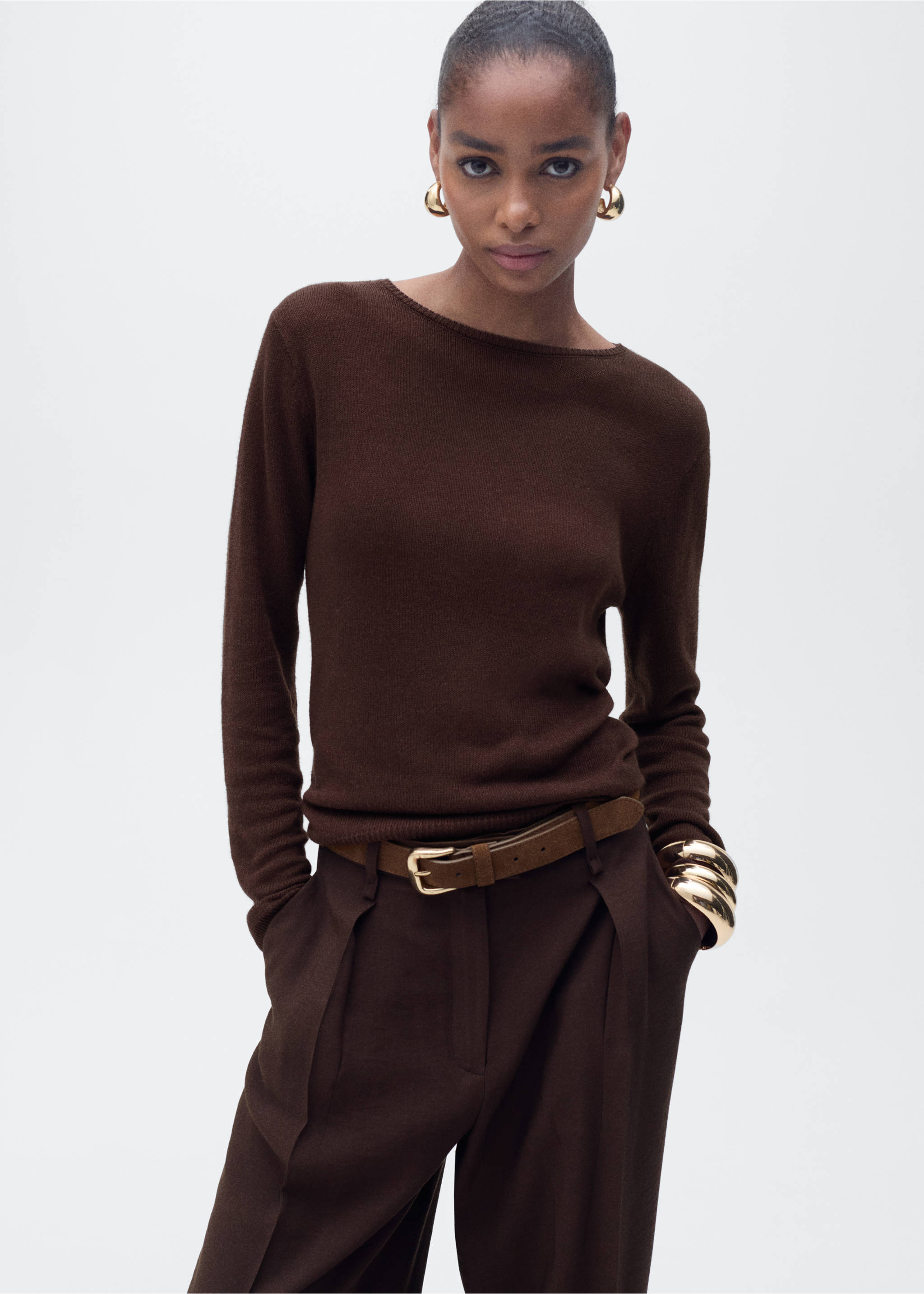 Linen-blend boat-neck sweater - Medium plane, Chocolate. Ref: 87057168-00.