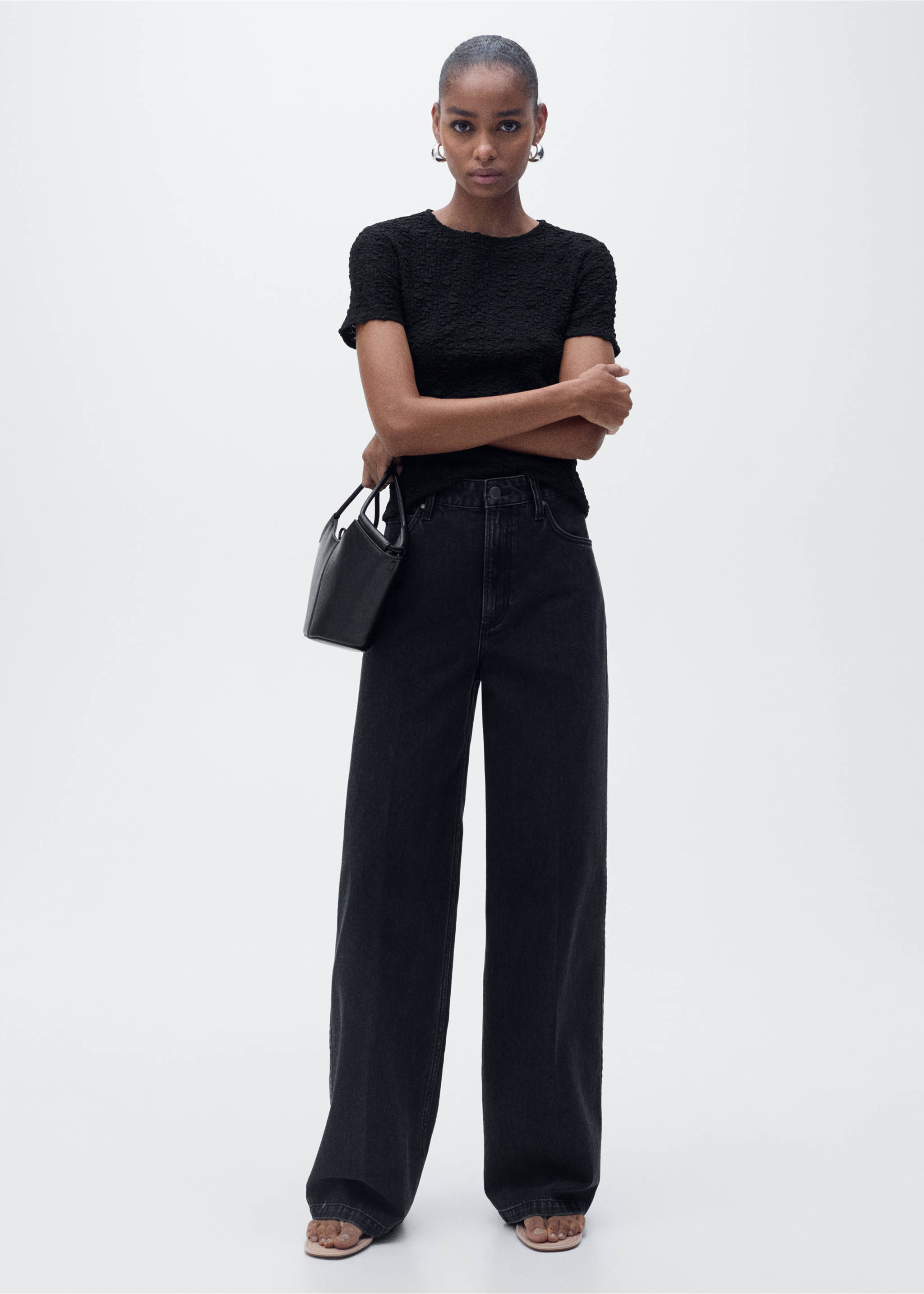 Tricou textură din amestec de bumbac - Plan general, Negru. Ref: 87057181-00.