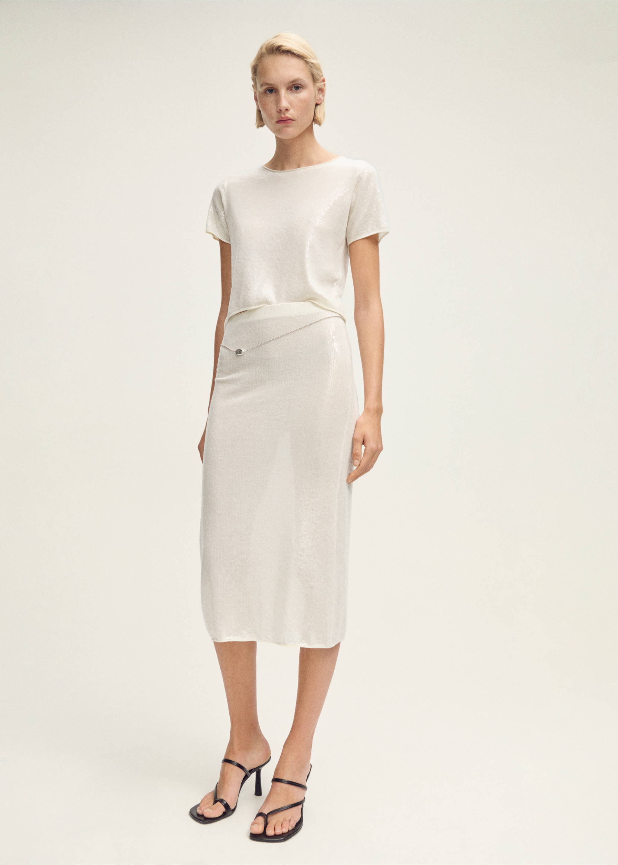 Falda punto lápiz lentejuelas - Plano general, Vainilla. Ref: 87057190-00.