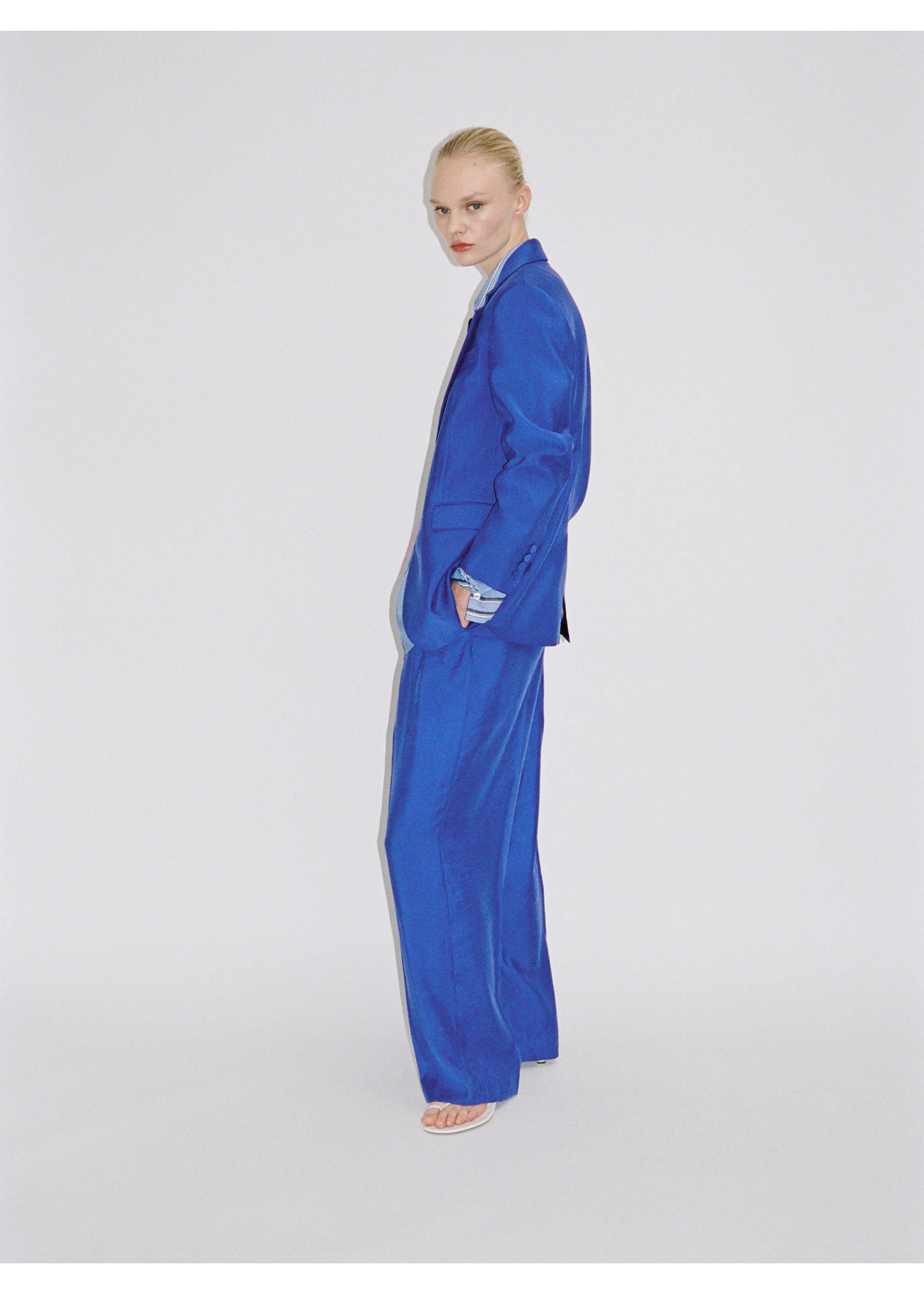 Wide leg pleated suit trousers - Details of the article 6, Blue. Ref: 87057194-00.