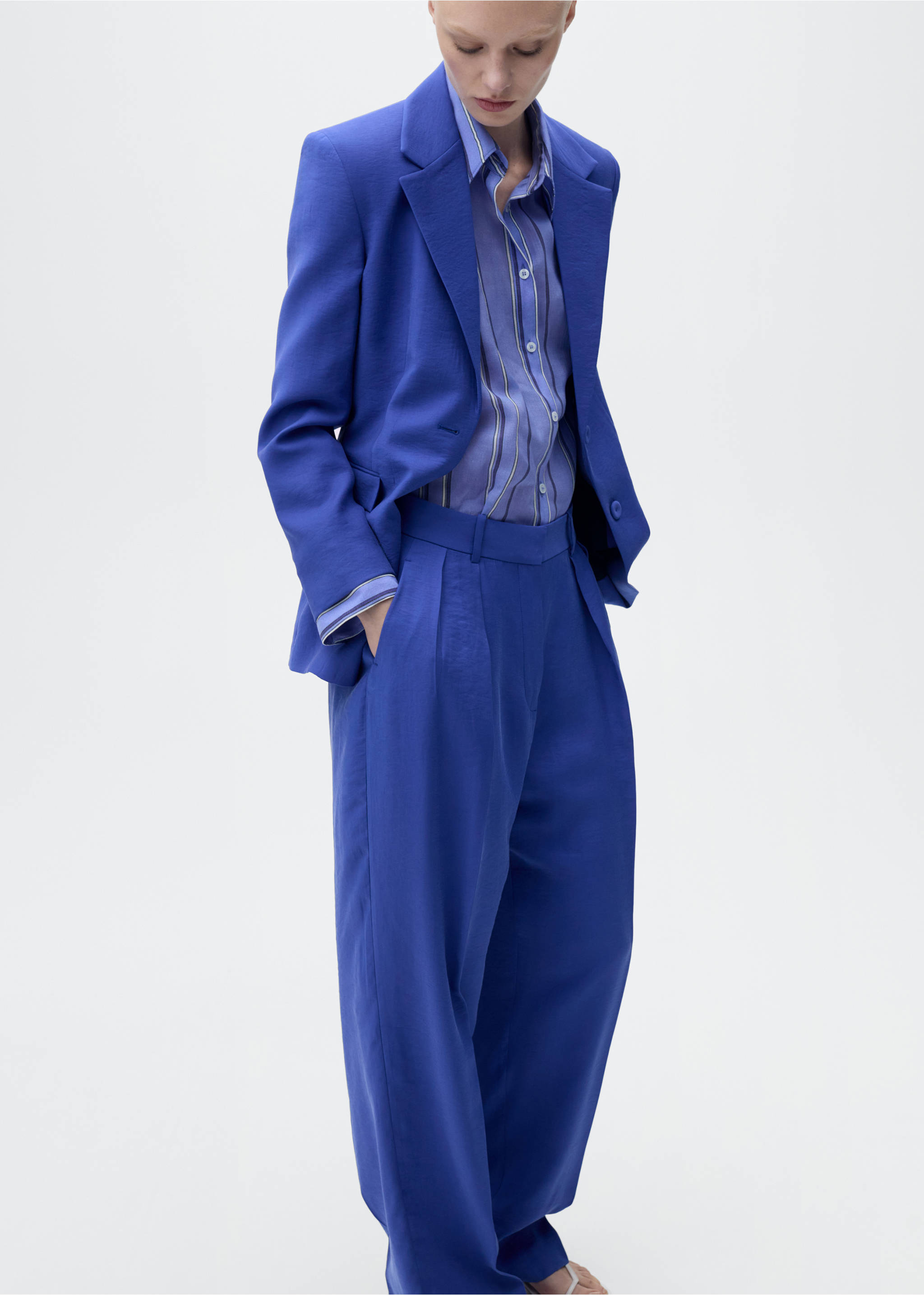 Wide leg pleated suit trousers - Details of the article 2, Blue. Ref: 87057194-00.