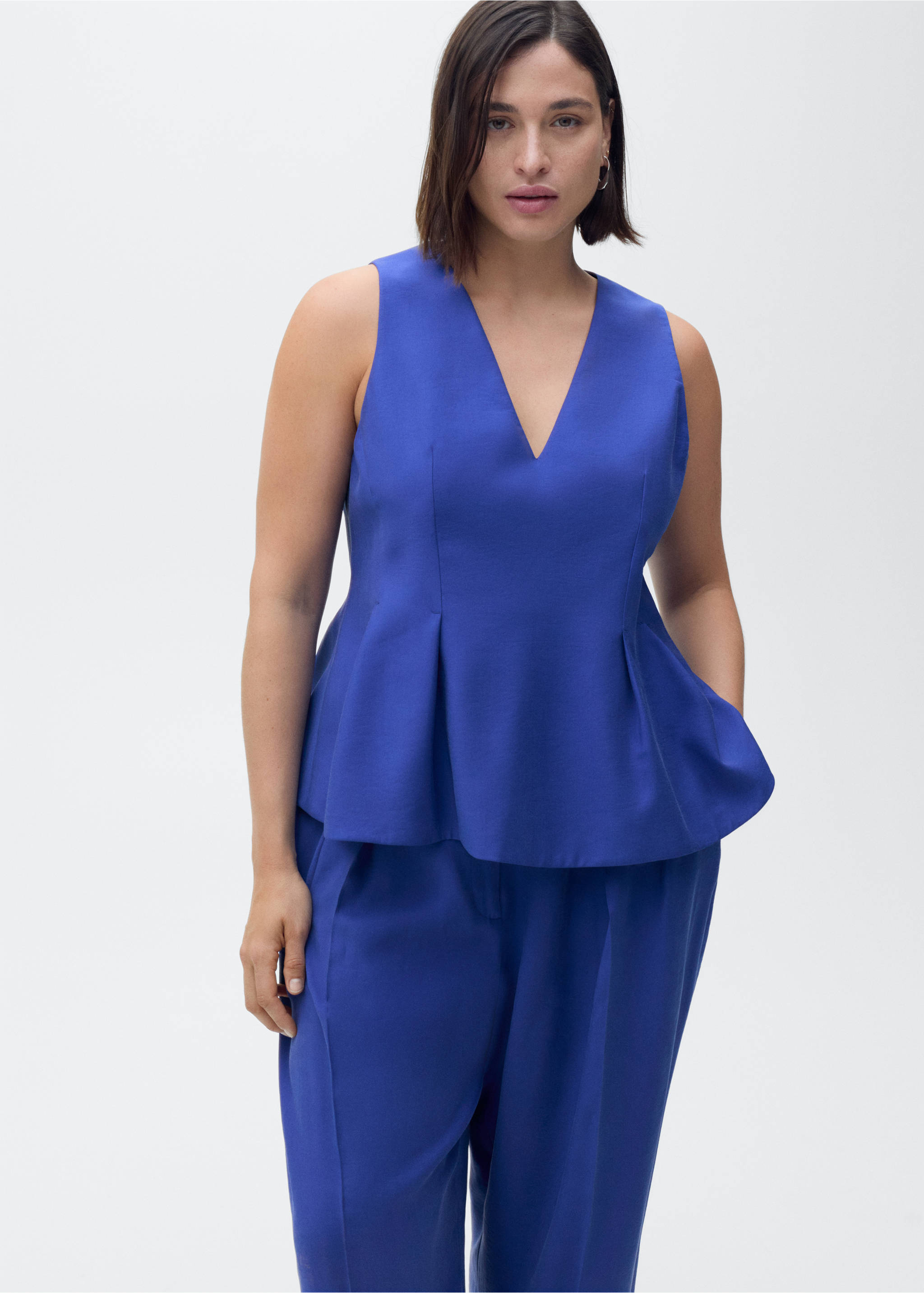 Wide leg pleated suit trousers - Details of the article 5, Blue. Ref: 87057194-00.