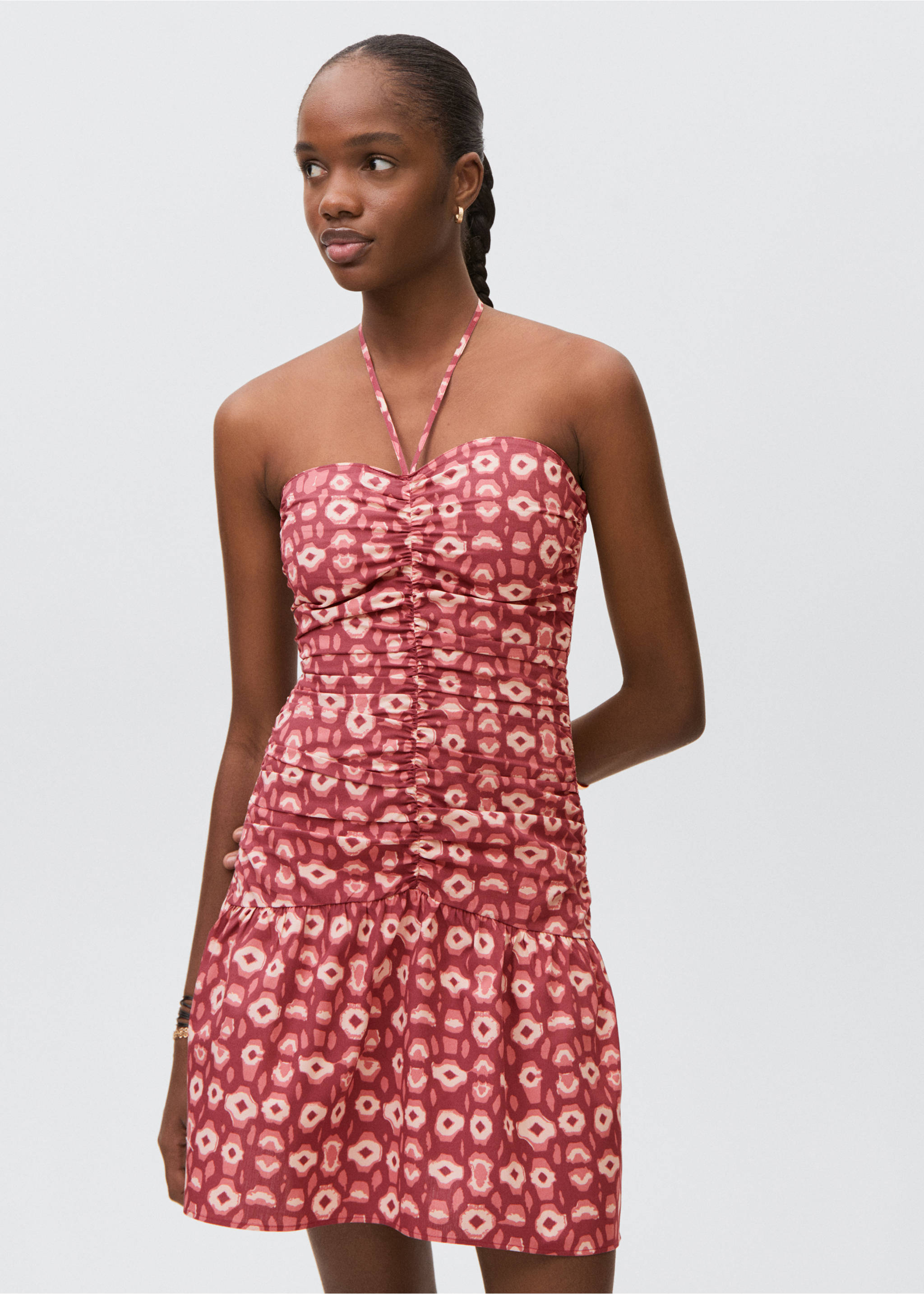 Vestido fruncido estampado - Plano medio, Rosa palo. Ref: 87057693-00.