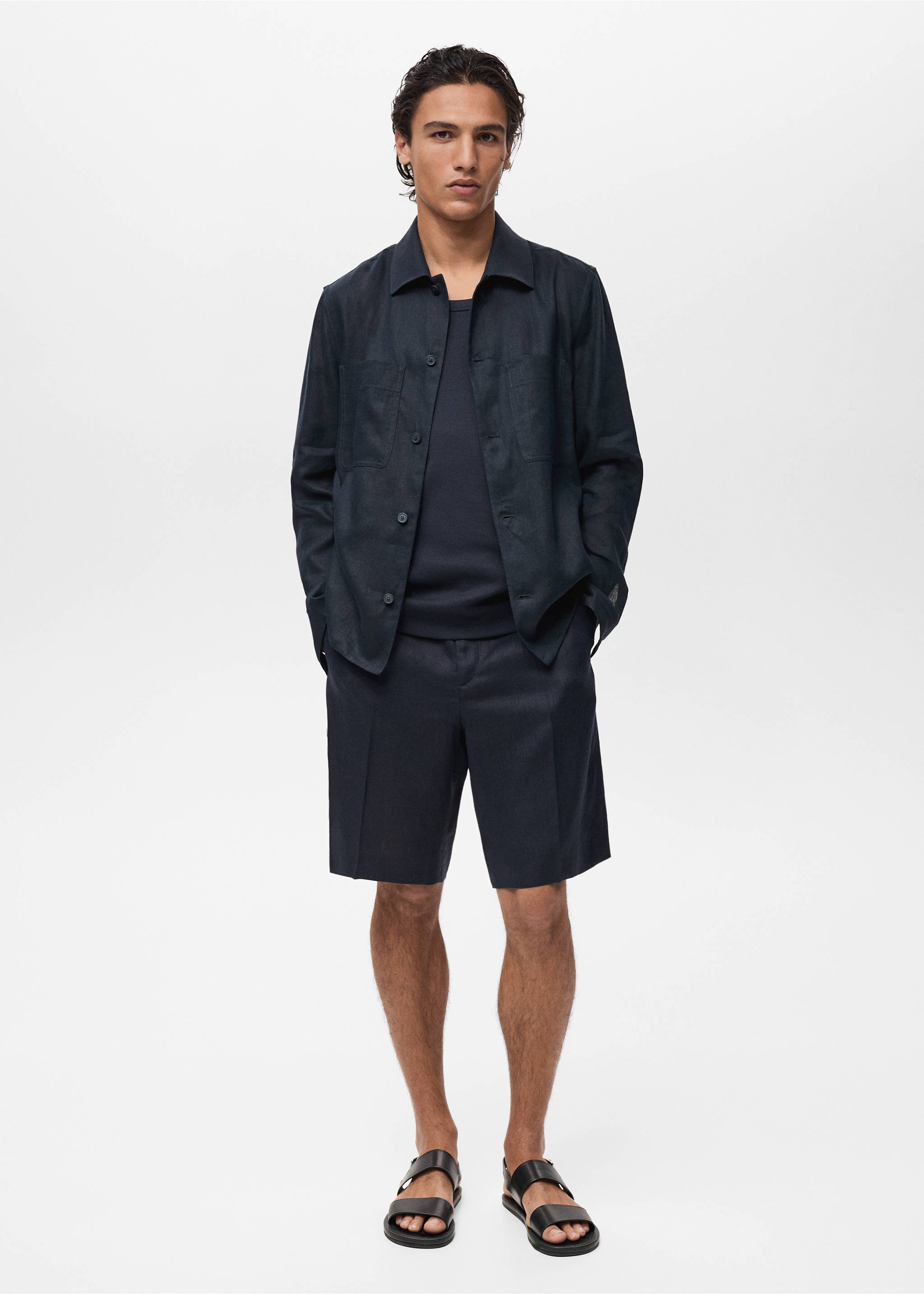 100% linen overshirt with pockets - General plane, Dark Navy. Ref: 87057893-00.