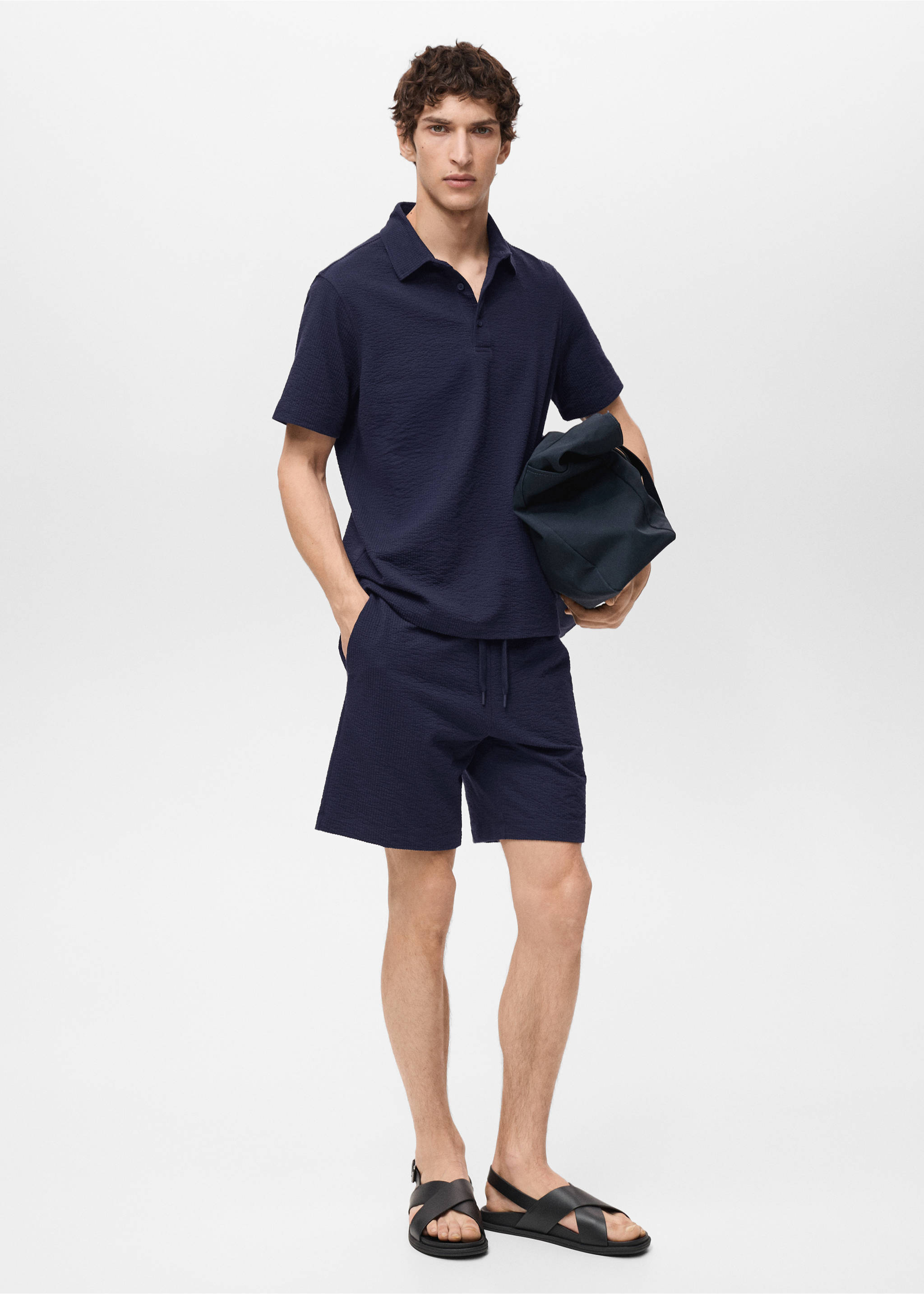Seersucker shorts with drawstring - General plane, Dark Navy. Ref: 87057895-00.