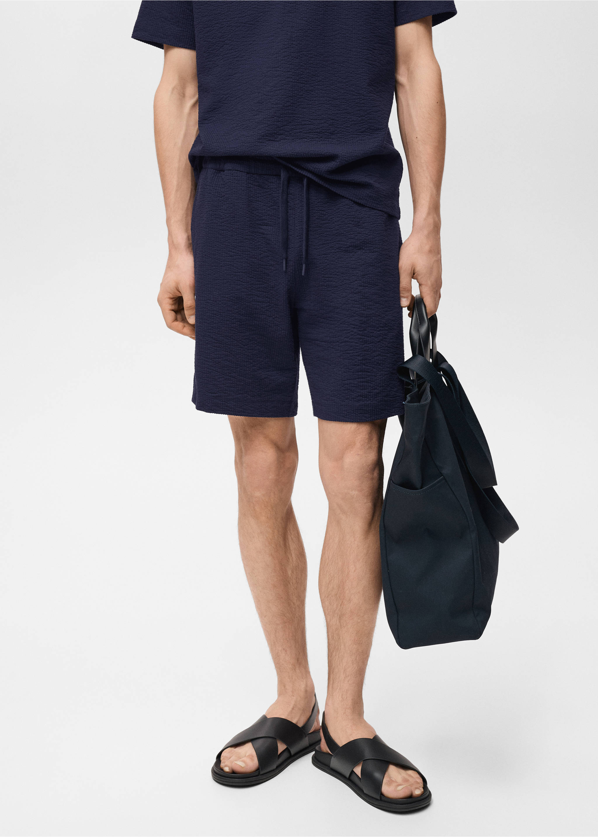 Seersucker shorts with drawstring - Medium plane, Dark Navy. Ref: 87057895-00.