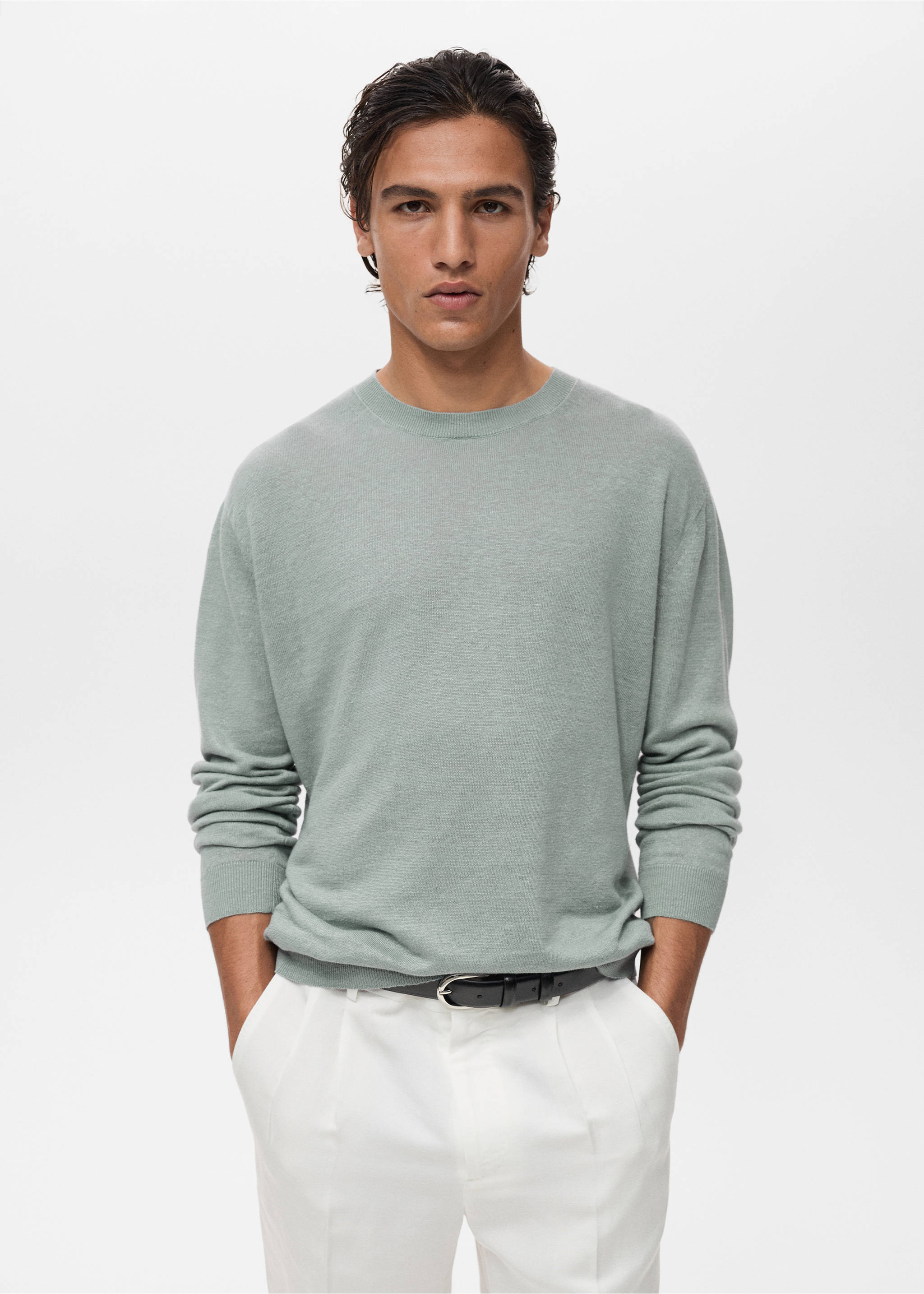 Jersey fluido 100% lino - Plano medio, Verde agua. Ref: 87057897-00.