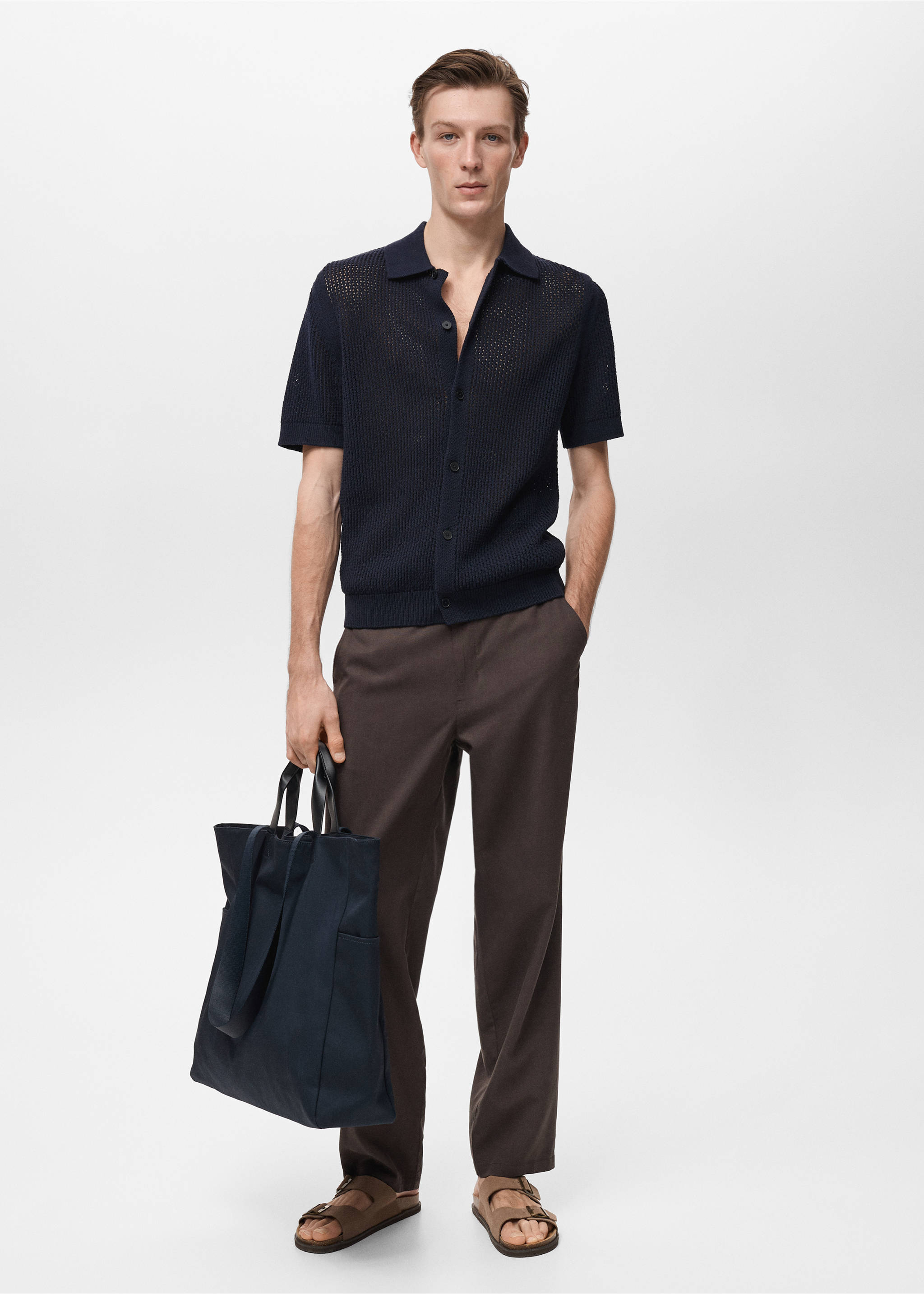 Chemise coton maille ajourée - Plan général, Bleu marine foncé. Ref: 87057898-00.