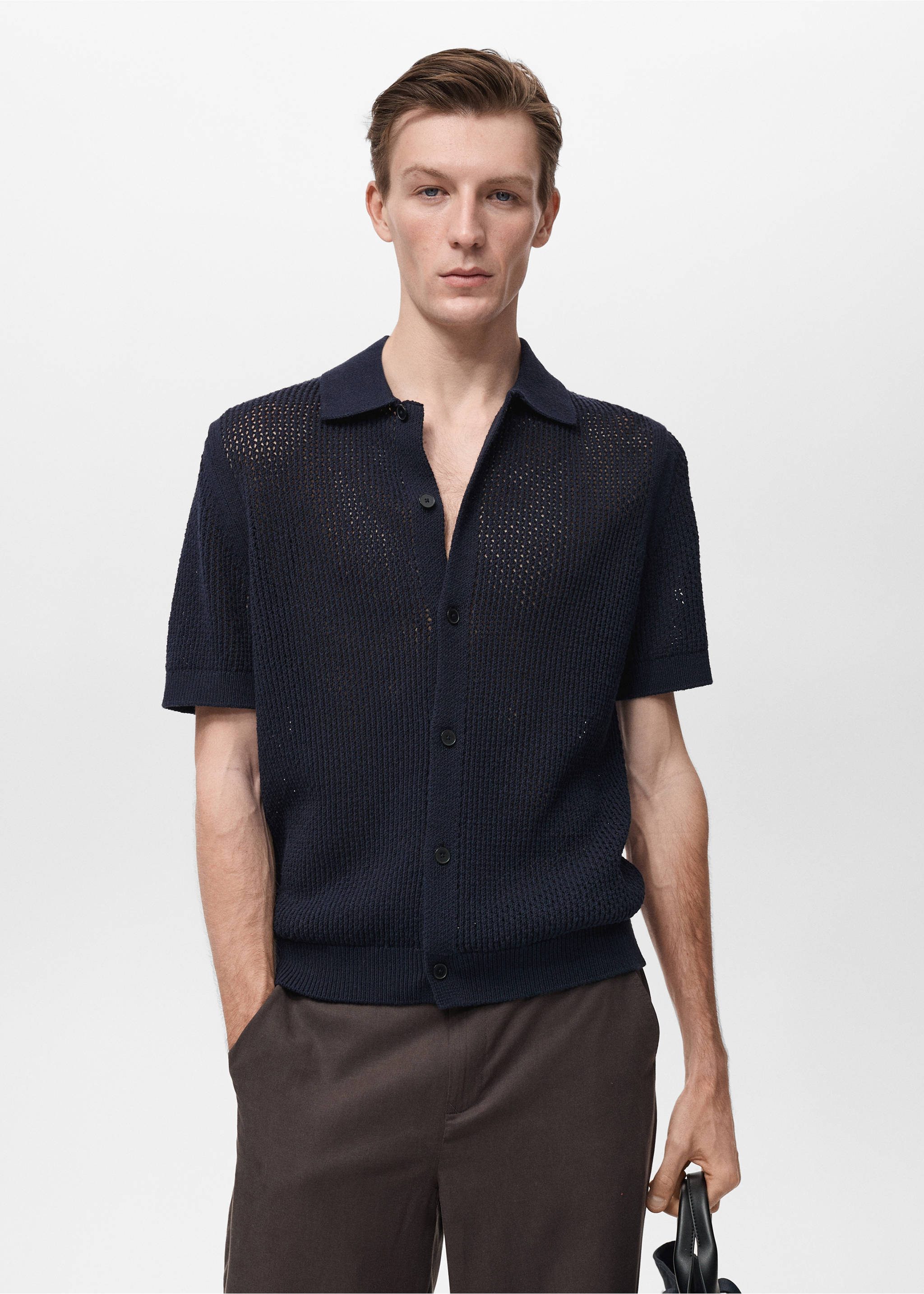 Chemise coton maille ajourée - Plan moyen, Bleu marine foncé. Ref: 87057898-00.