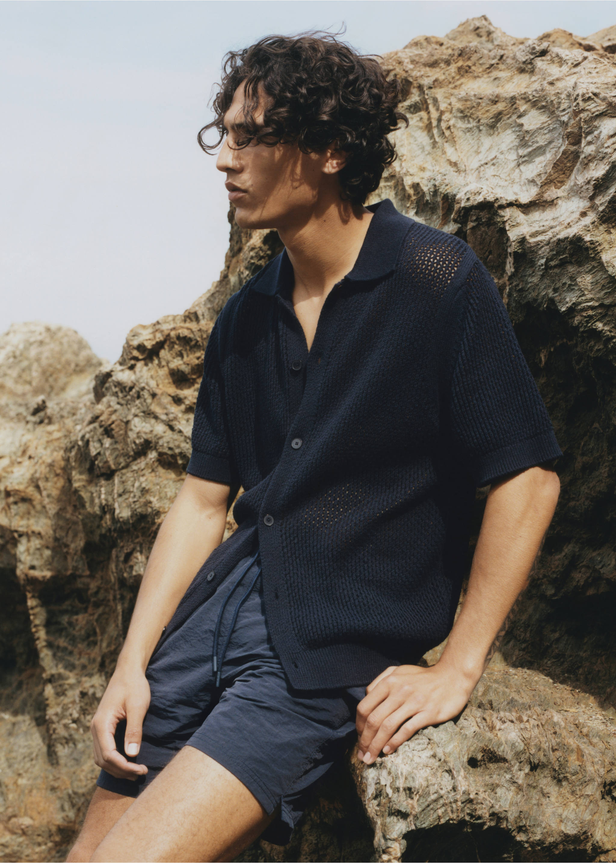 Chemise coton maille ajourée - Détail de l'article 3, Bleu marine foncé. Ref: 87057898-00.