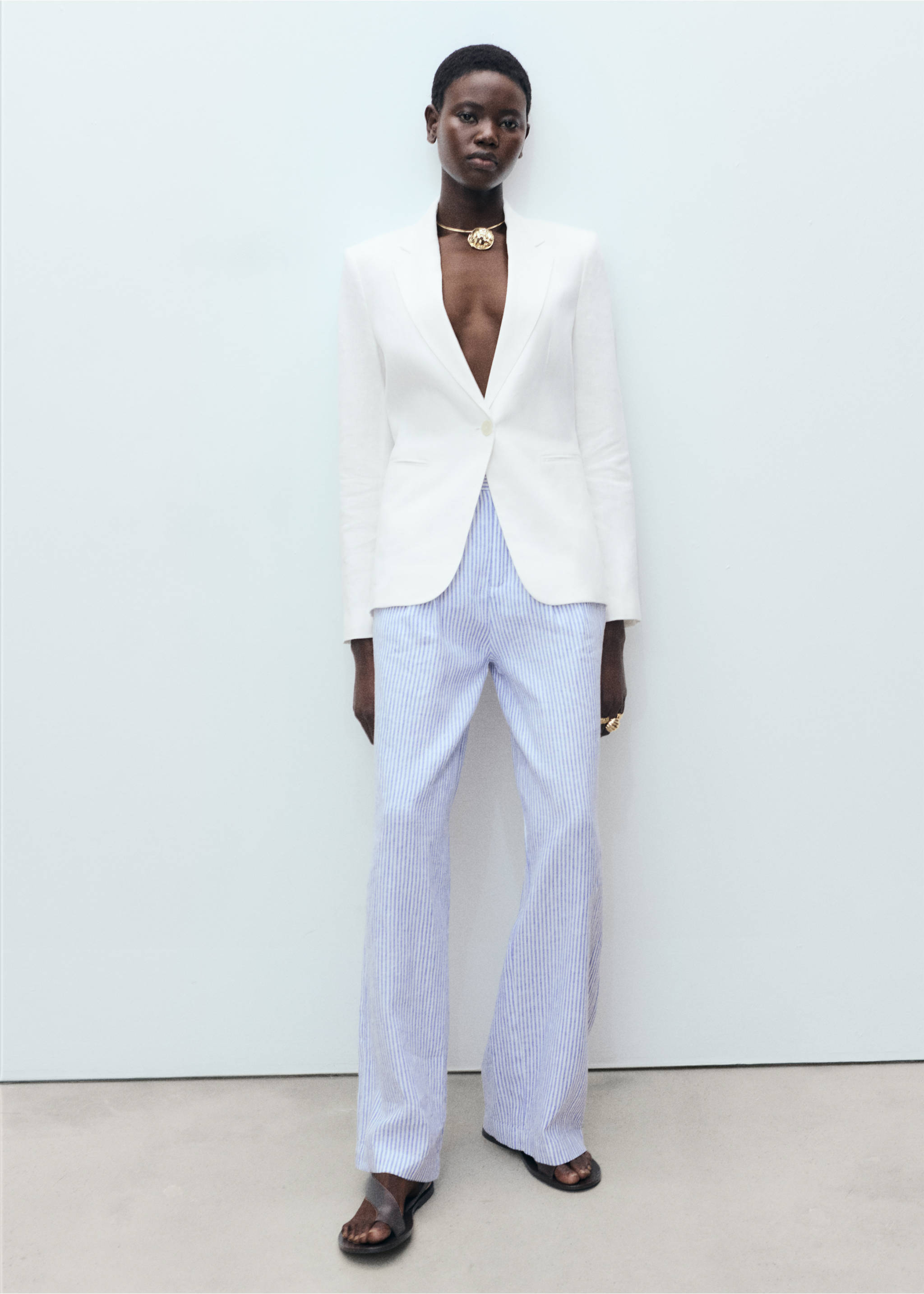 Striped linen-blend trousers - Details of the article 2, Blue. Ref: 87058259-00.