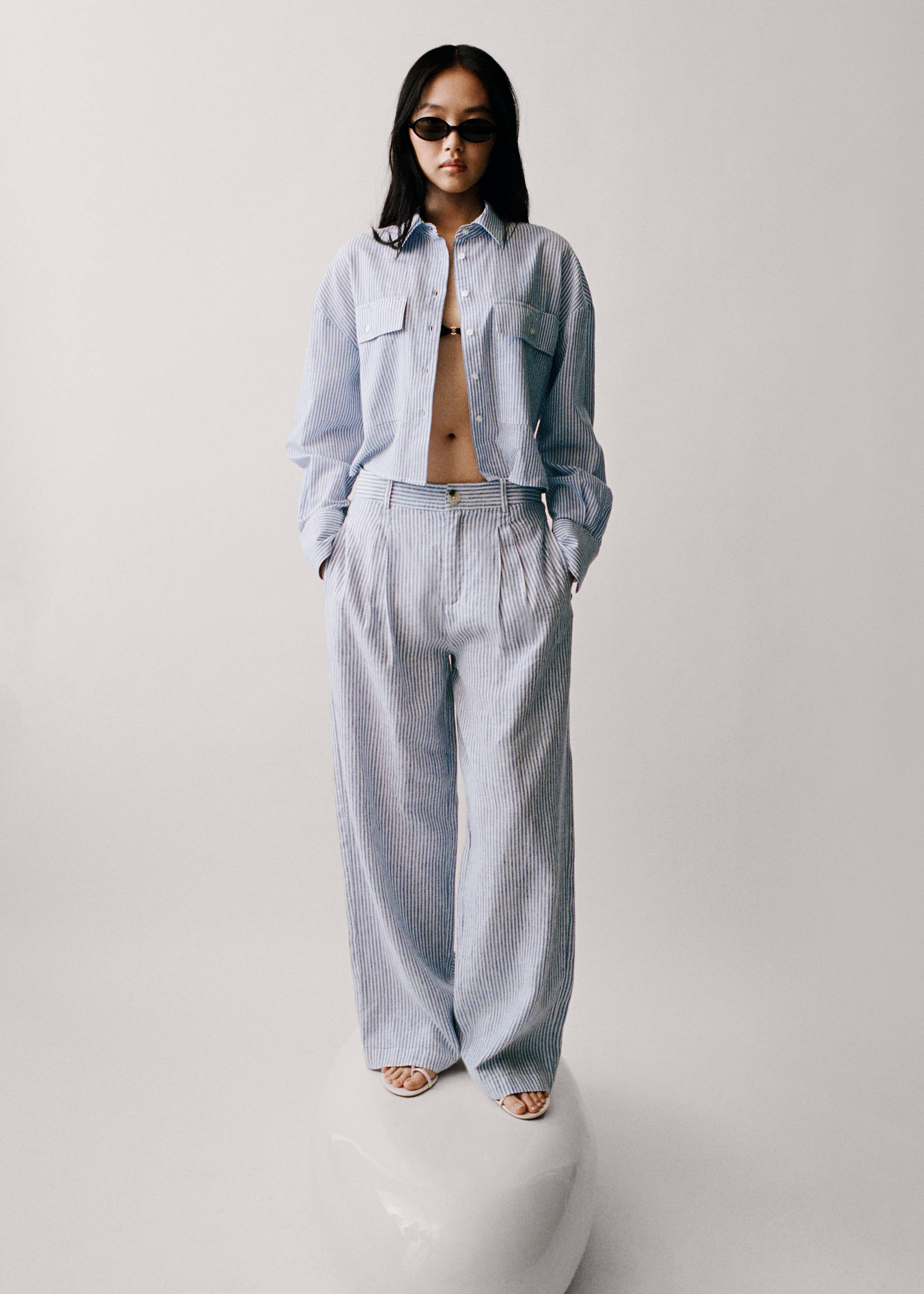 Striped linen-blend trousers - Details of the article 7, Blue. Ref: 87058259-00.