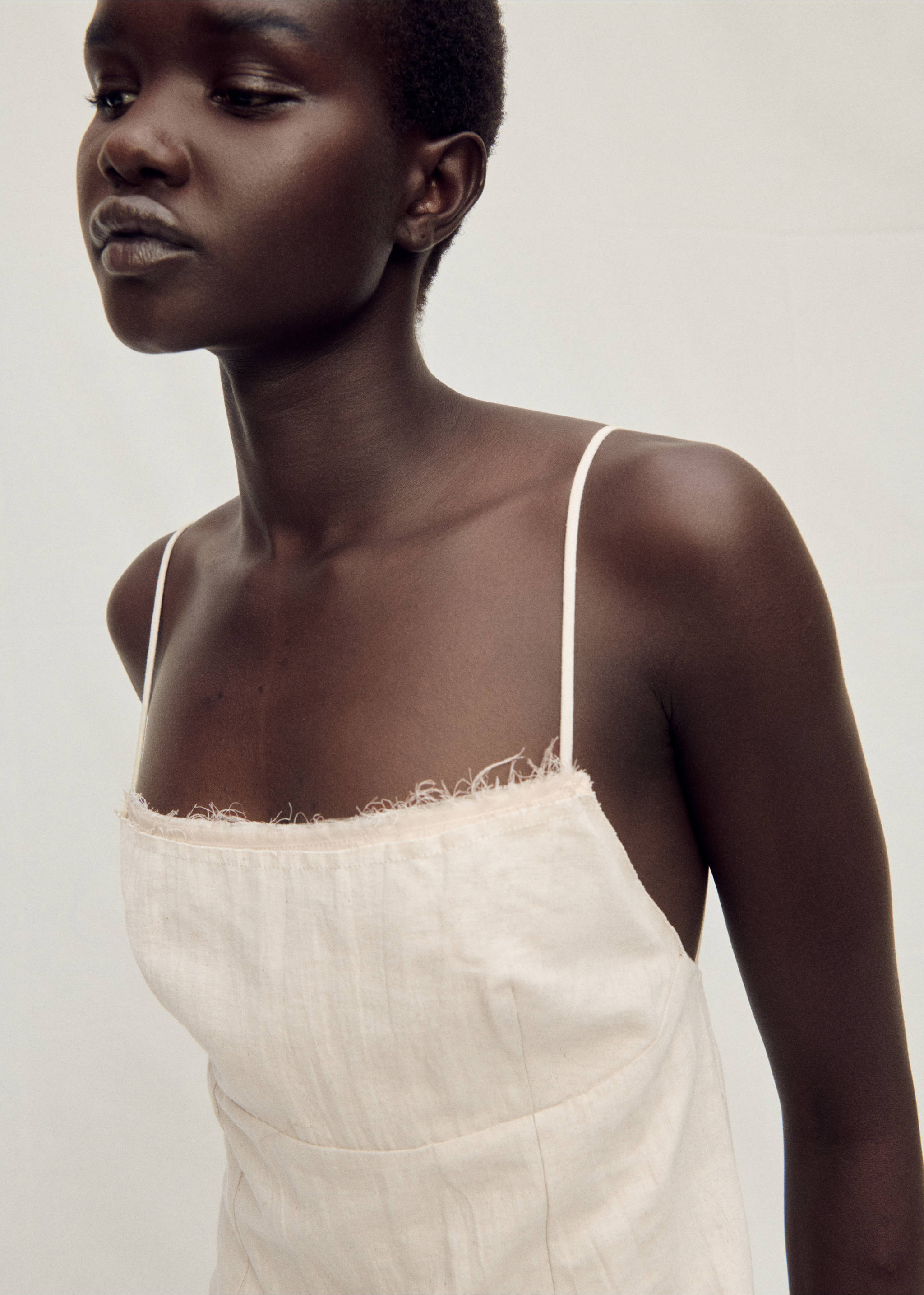 Cotton dress with frayed neckline - Details of the article 1, Beige. Ref: 87058275-00.