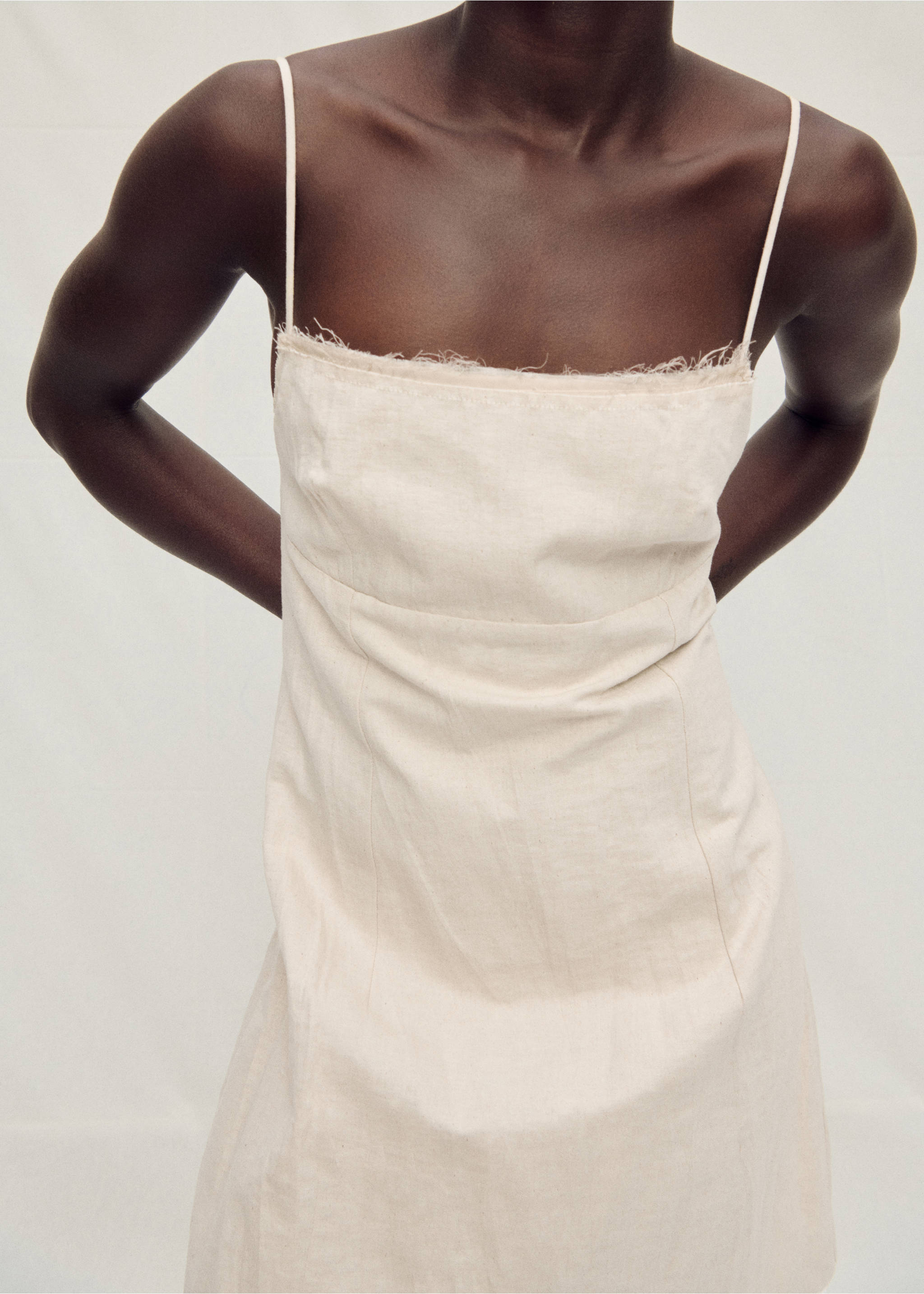 Cotton dress with frayed neckline - Details of the article 6, Beige. Ref: 87058275-00.