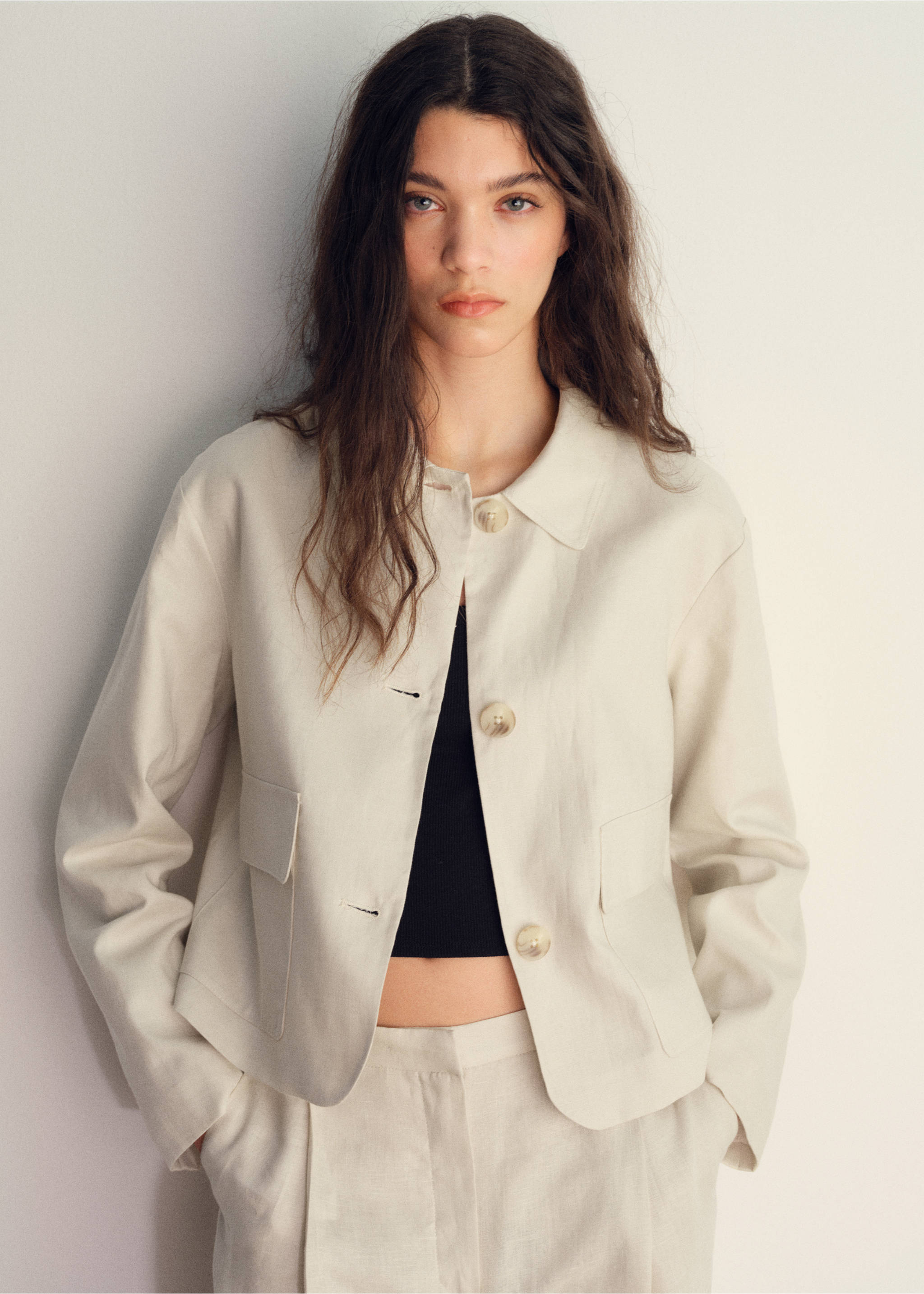 Pocket linen-blend jacket - Medium plane, Ecru. Ref: 87058640-00.