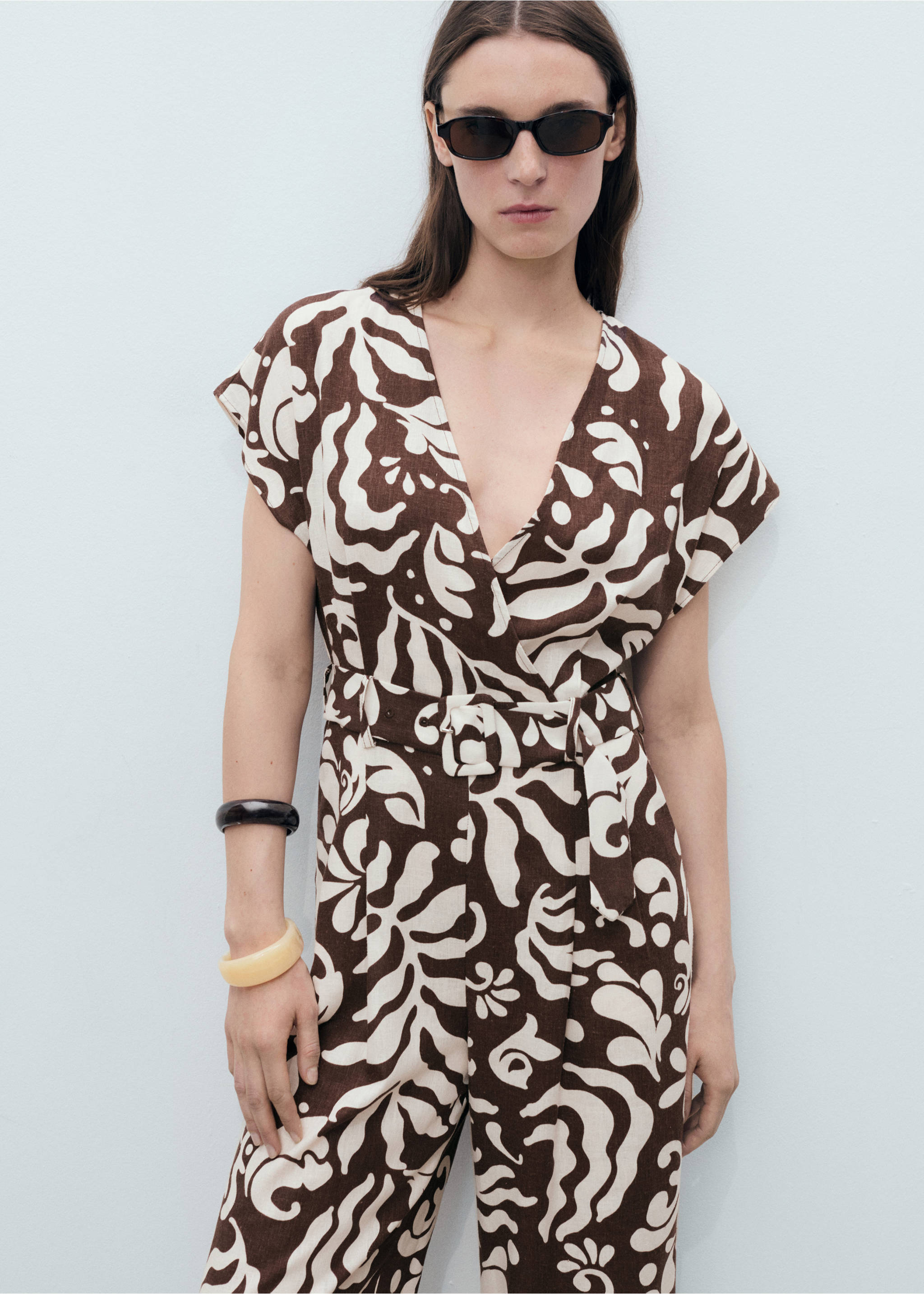 Printed linen jumpsuit with belt - Medium plane, Brown. Ref: 87058647-00.