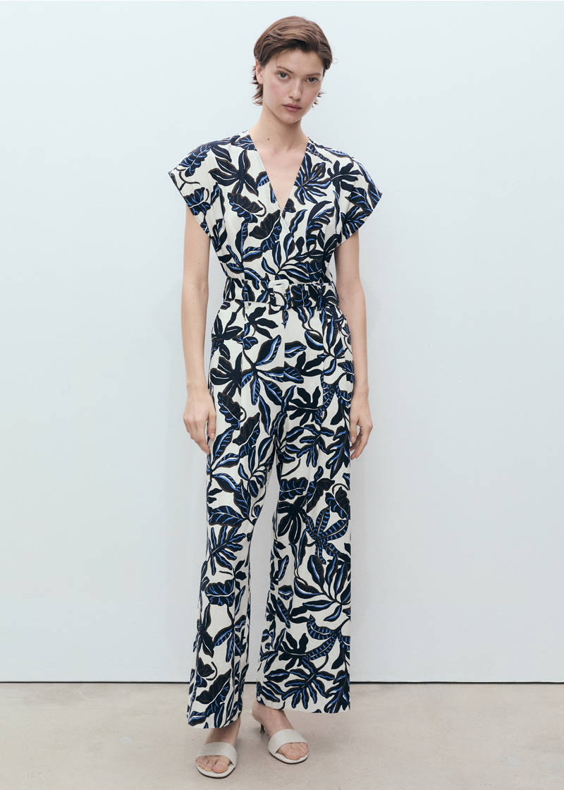 Printed linen jumpsuit with belt - Blue