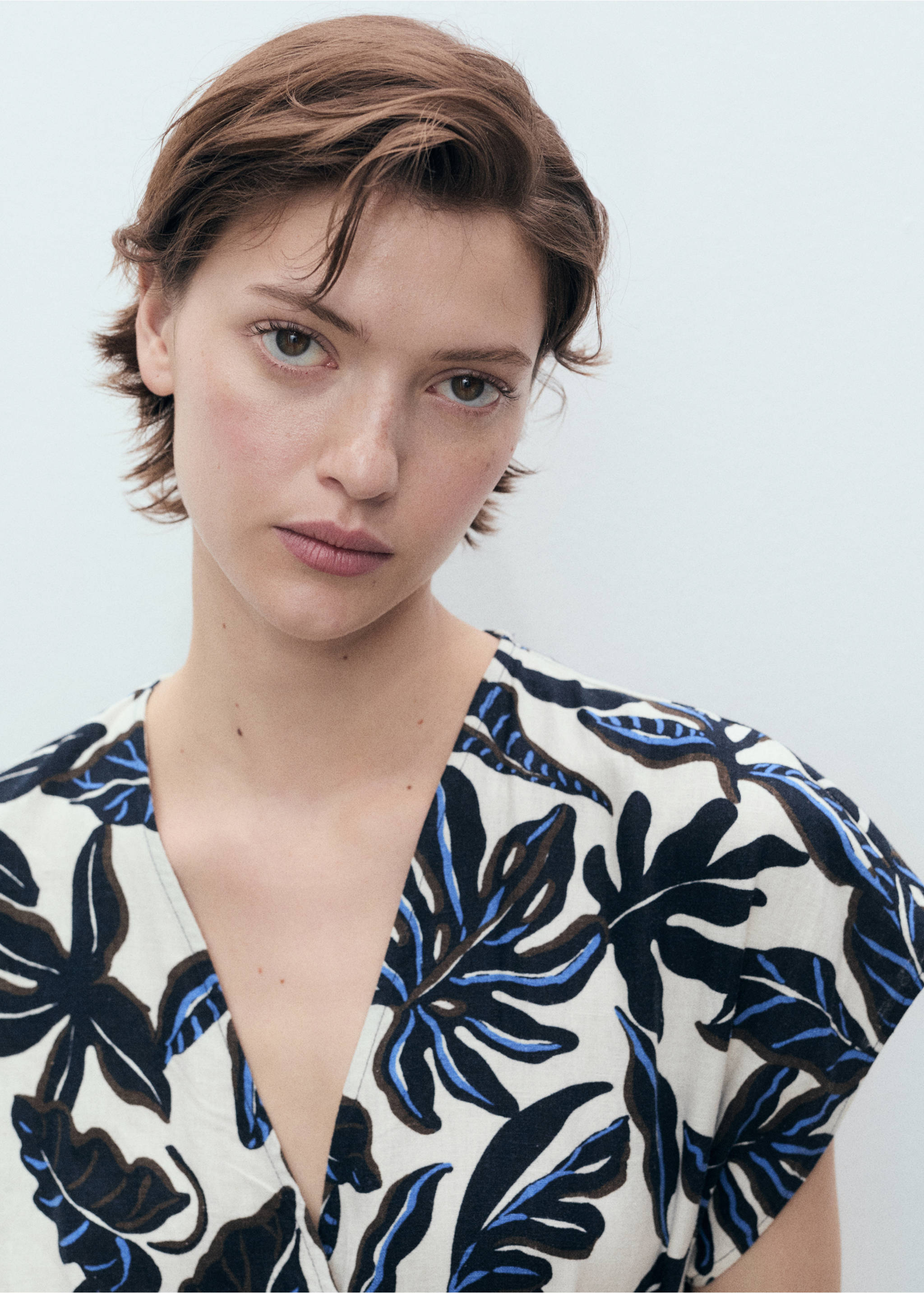 Printed linen jumpsuit with belt - Details of the article 1, Blue. Ref: 87058647-00.