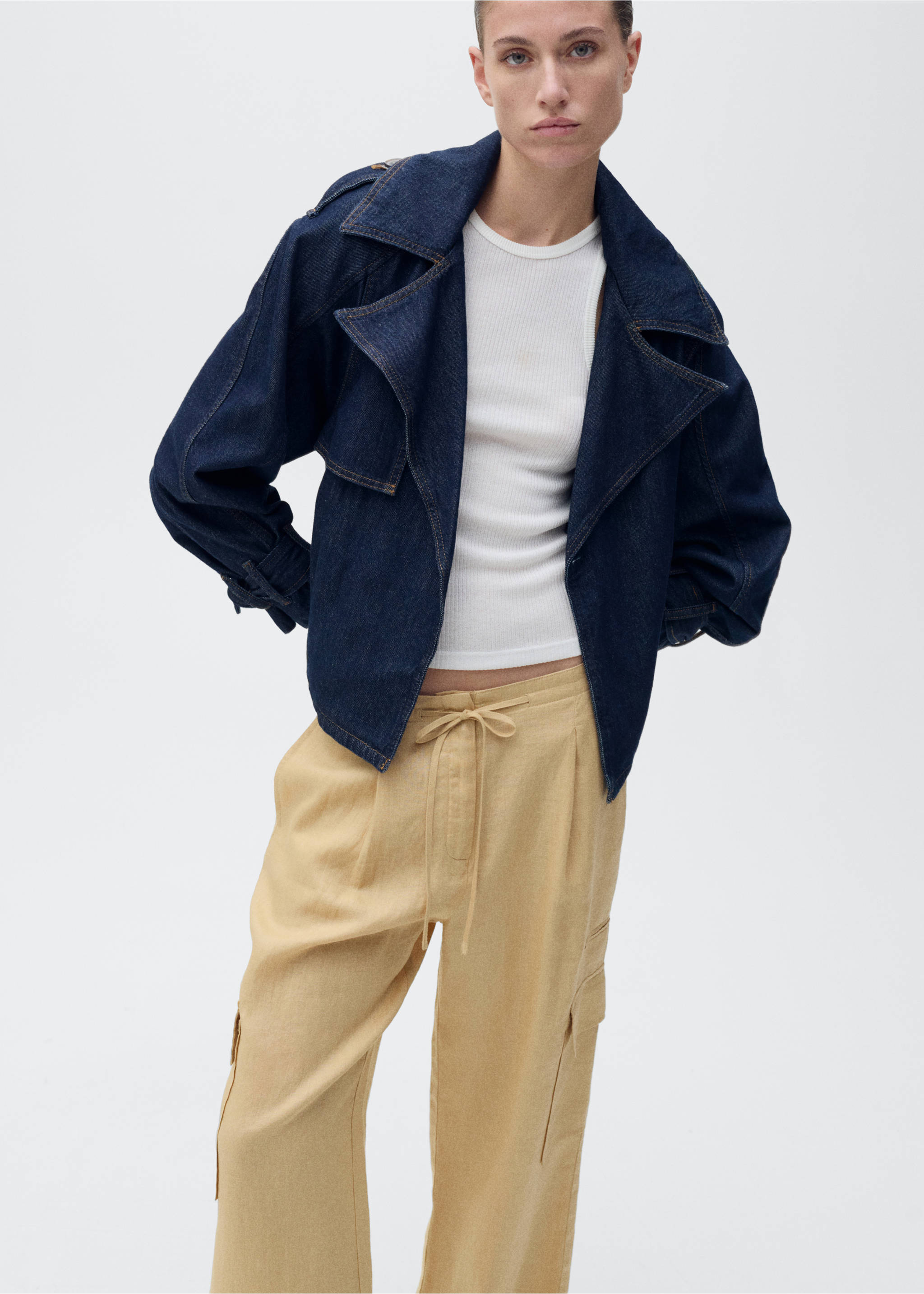 Linen cargo trousers - Details of the article 1, Mustard. Ref: 87059063-00.
