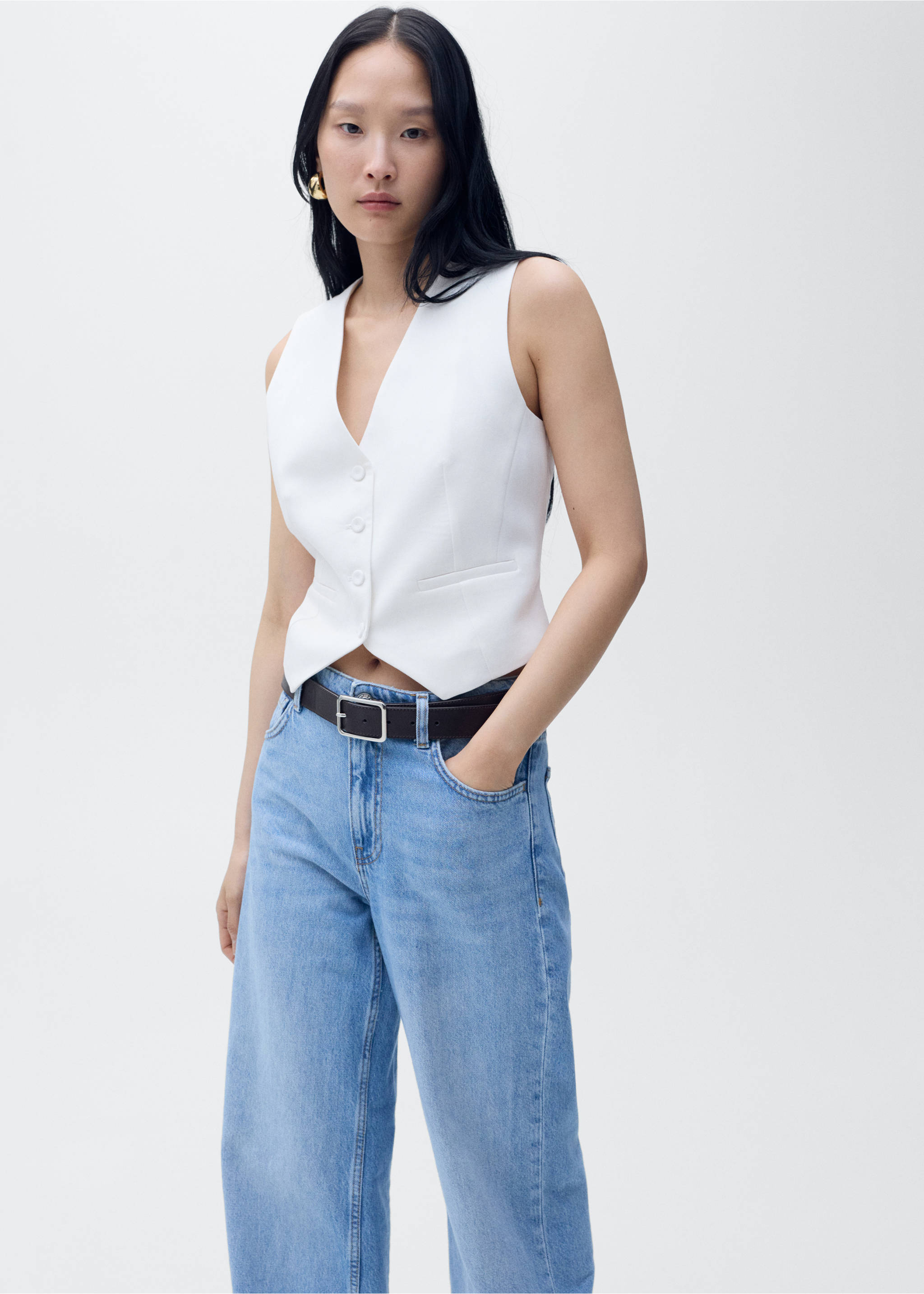 Straight lyocell suit waistcoat - Details of the article 2, White. Ref: 87059064-00.