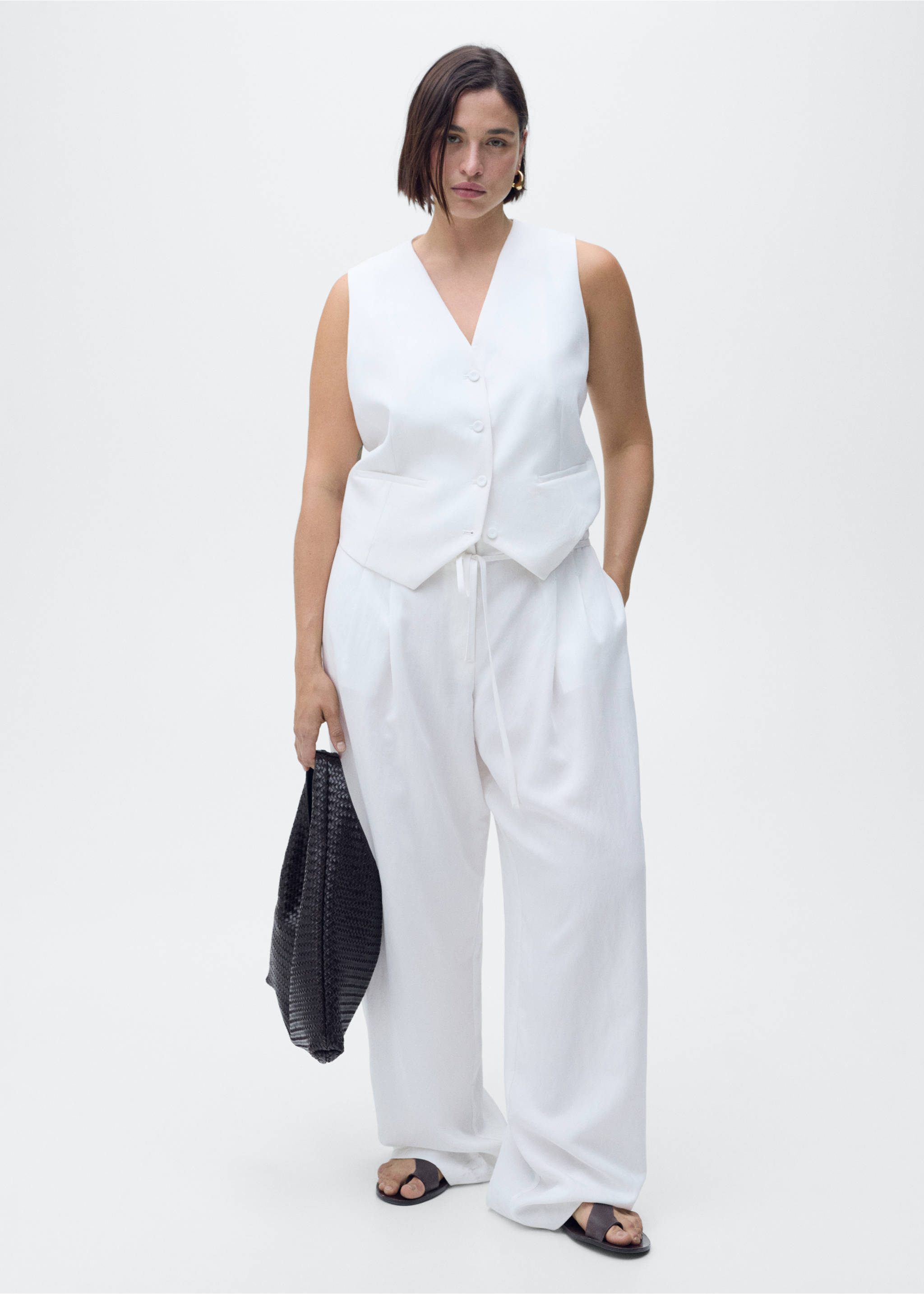 Straight lyocell suit waistcoat - Details of the article 3, White. Ref: 87059064-00.