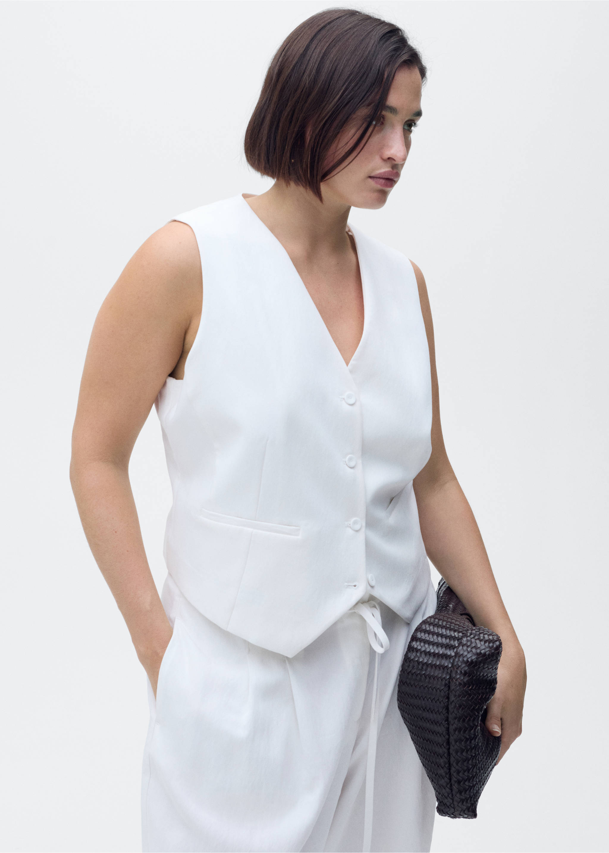 Straight lyocell suit waistcoat - Details of the article 5, White. Ref: 87059064-00.