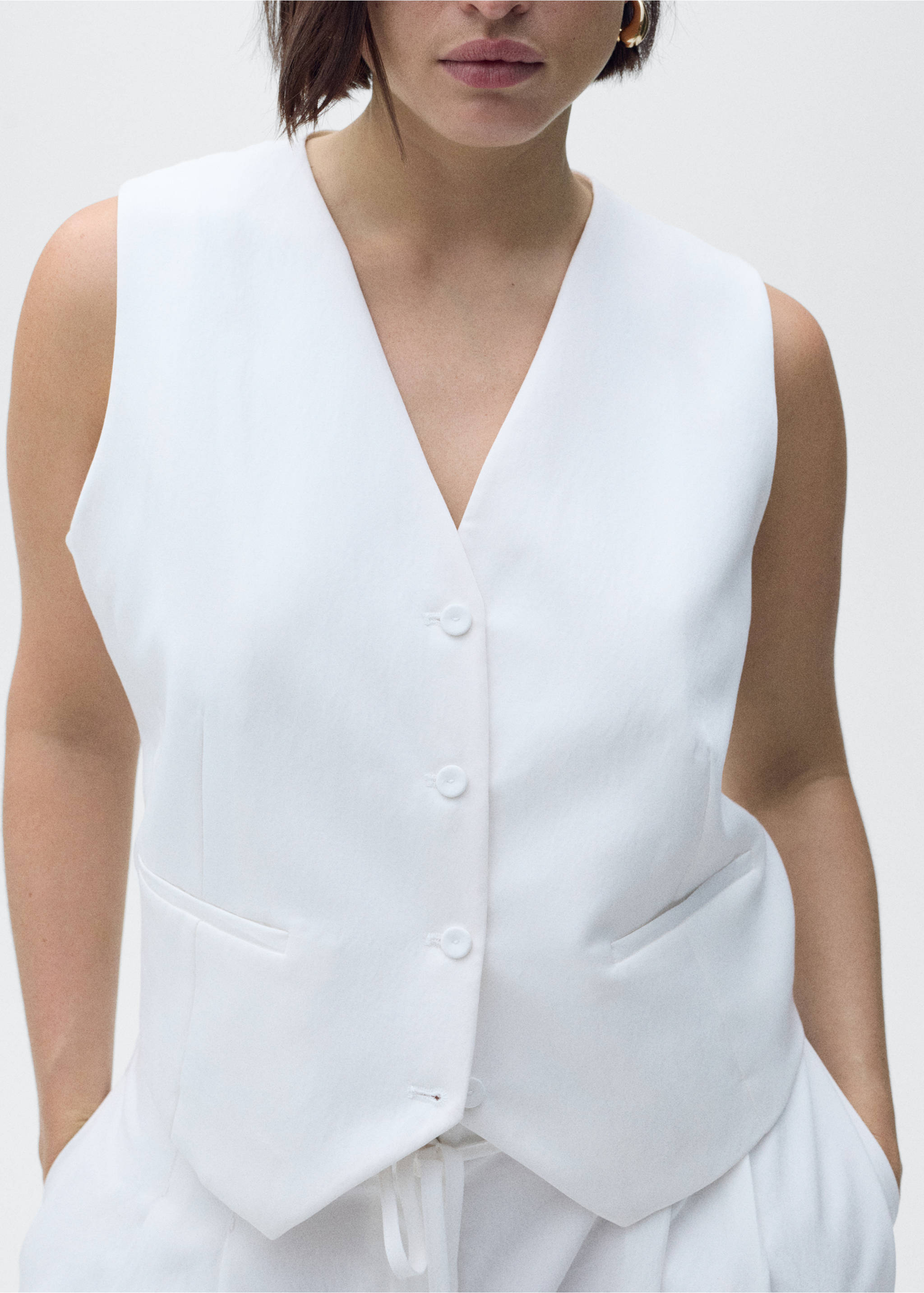 Straight lyocell suit waistcoat - Details of the article 4, White. Ref: 87059064-00.