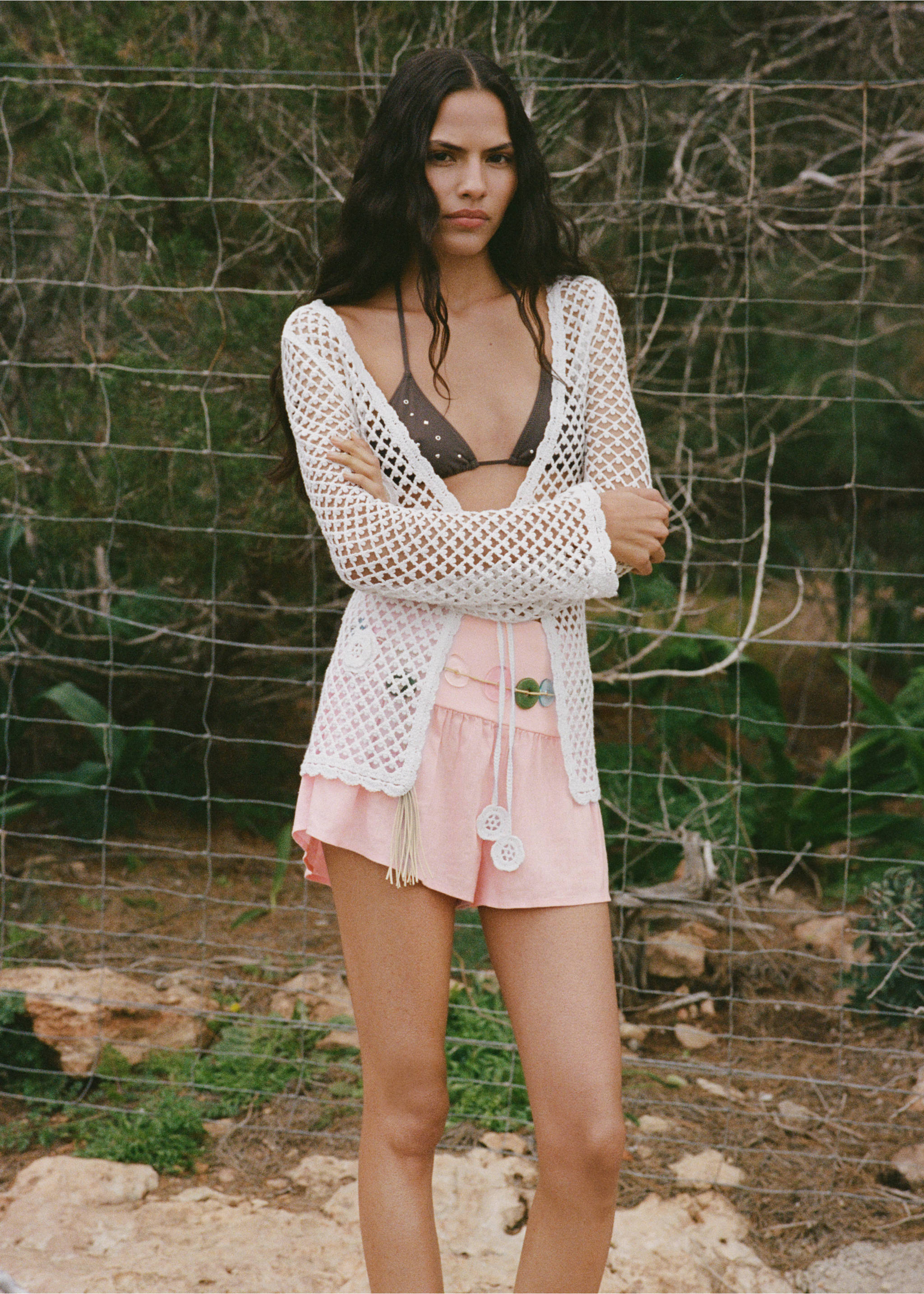 Linen shorts with draped waist - Medium plane, Pastel Pink. Ref: 87059206-00.