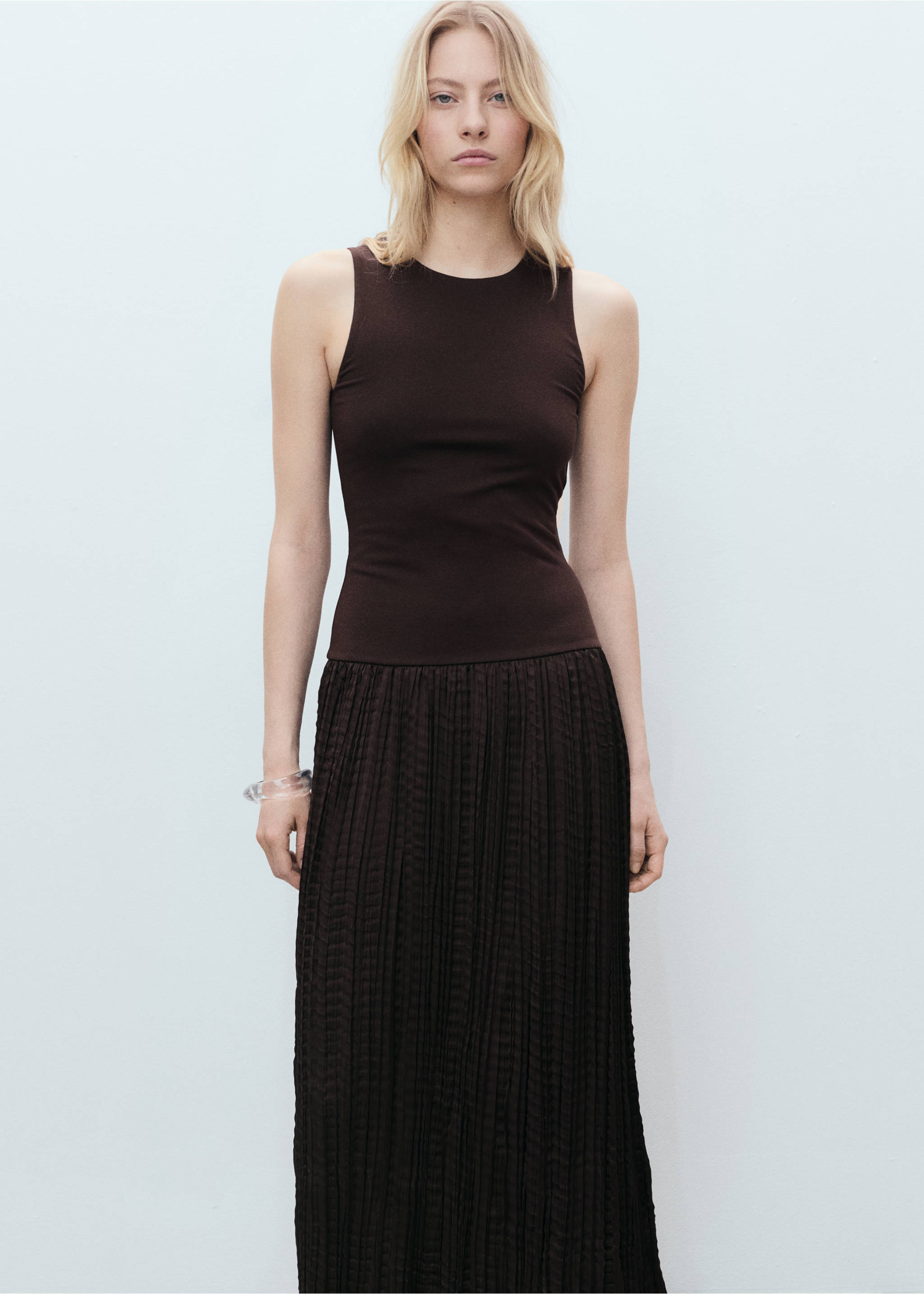 Combined-fabric long dress - Medium plane, Brown. Ref: 87059211-00.